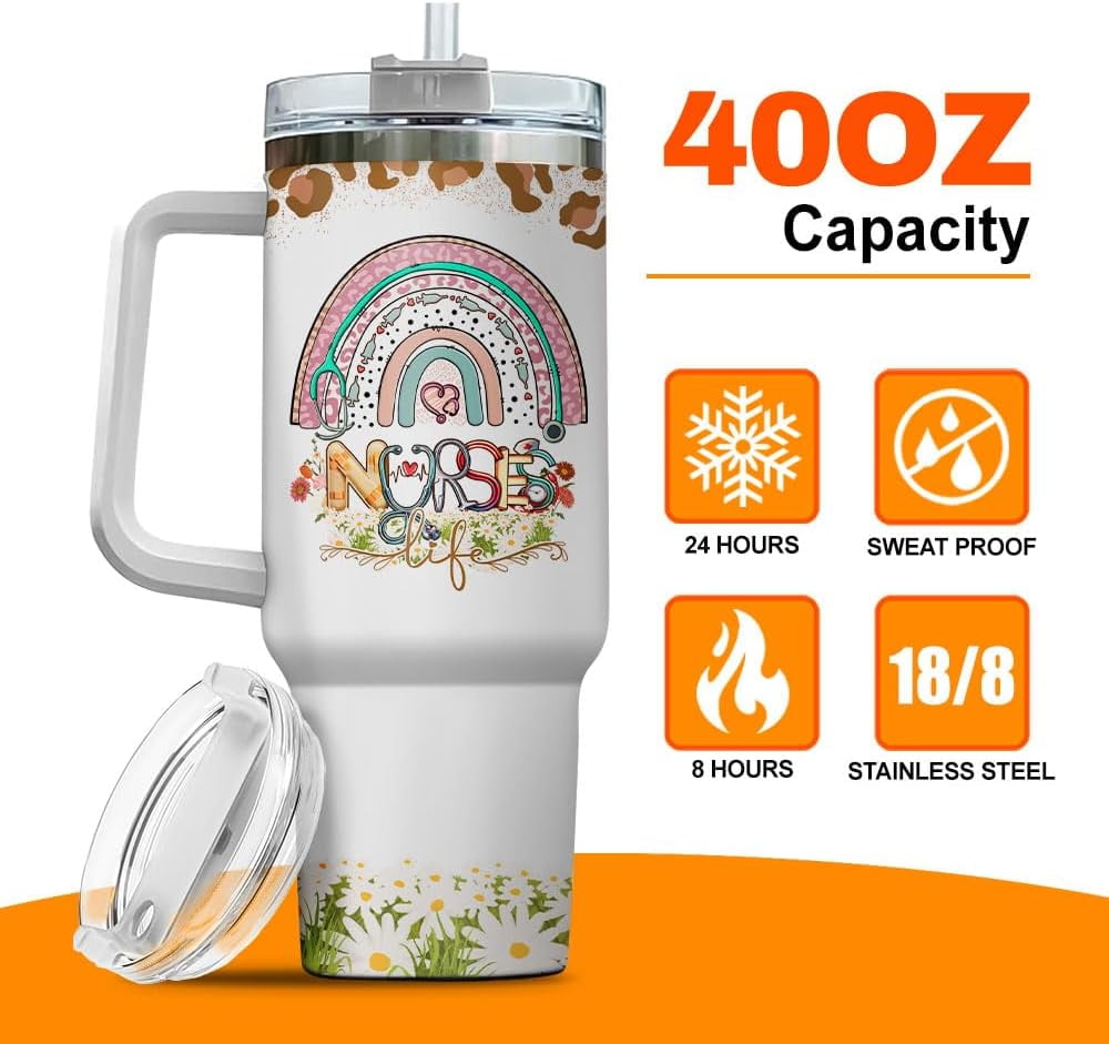 Tumbler 40 Oz With Handle Lid And Straw, Nurse Gifts, Black Camo White Engraved Print Travel Nurses Tumblers Handle Funny Cups Nursing For, Great Nurse Rainbow Daisy Flower - 6ZUO