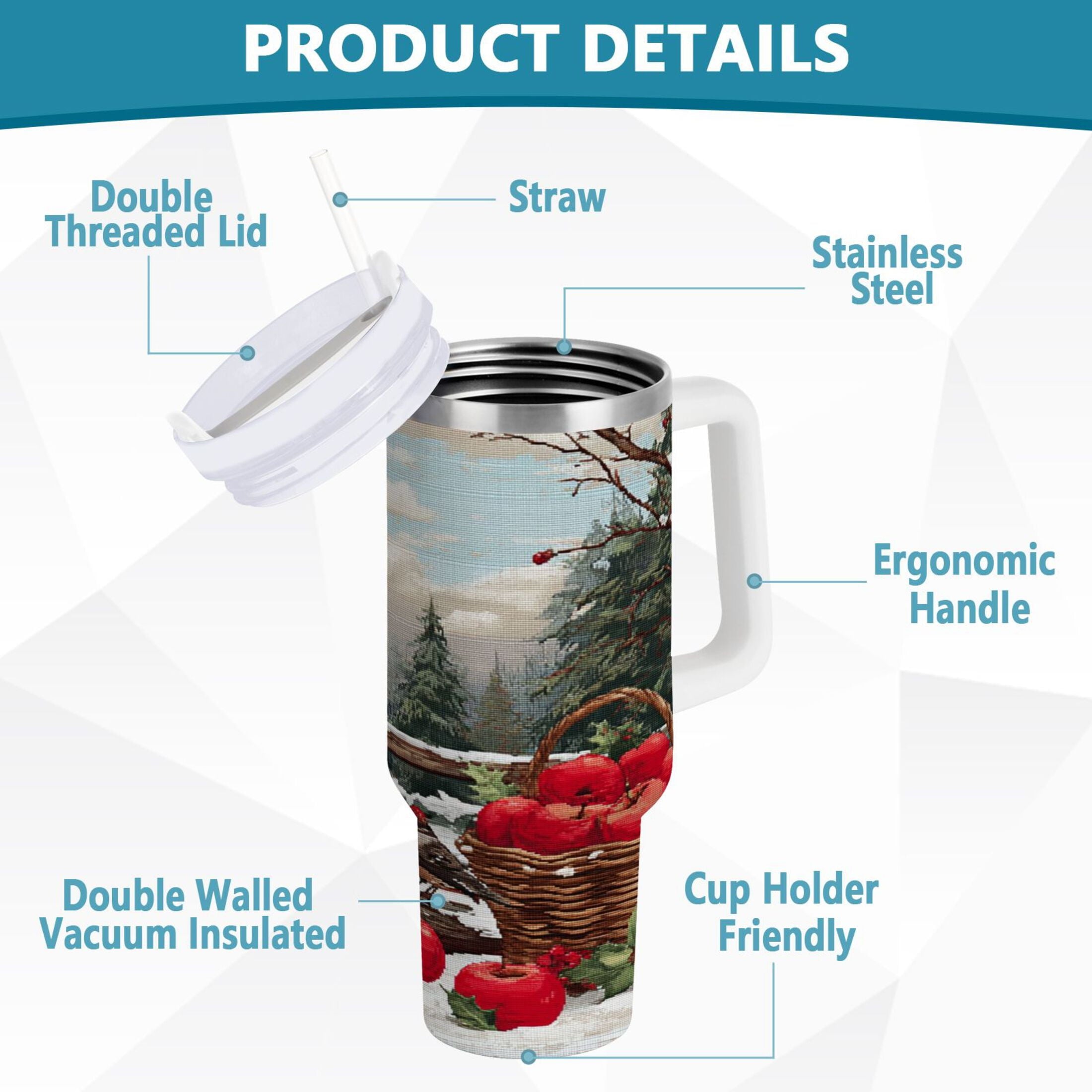 30 oz Insulated Stainless Steel Tumbler Double Wall Stainless Steel Tumbler with 2-Way Drinking Apples and Baskets - 3P4R