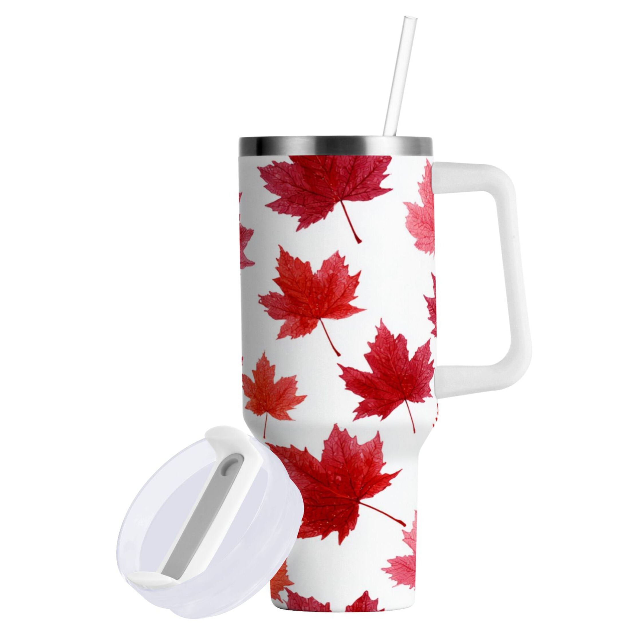 30 oz Insulated Stainless Steel Tumbler Double Wall Stainless Steel Tumbler with 2-Way Drinking Vibrant Red Maple Leaves - E80Y