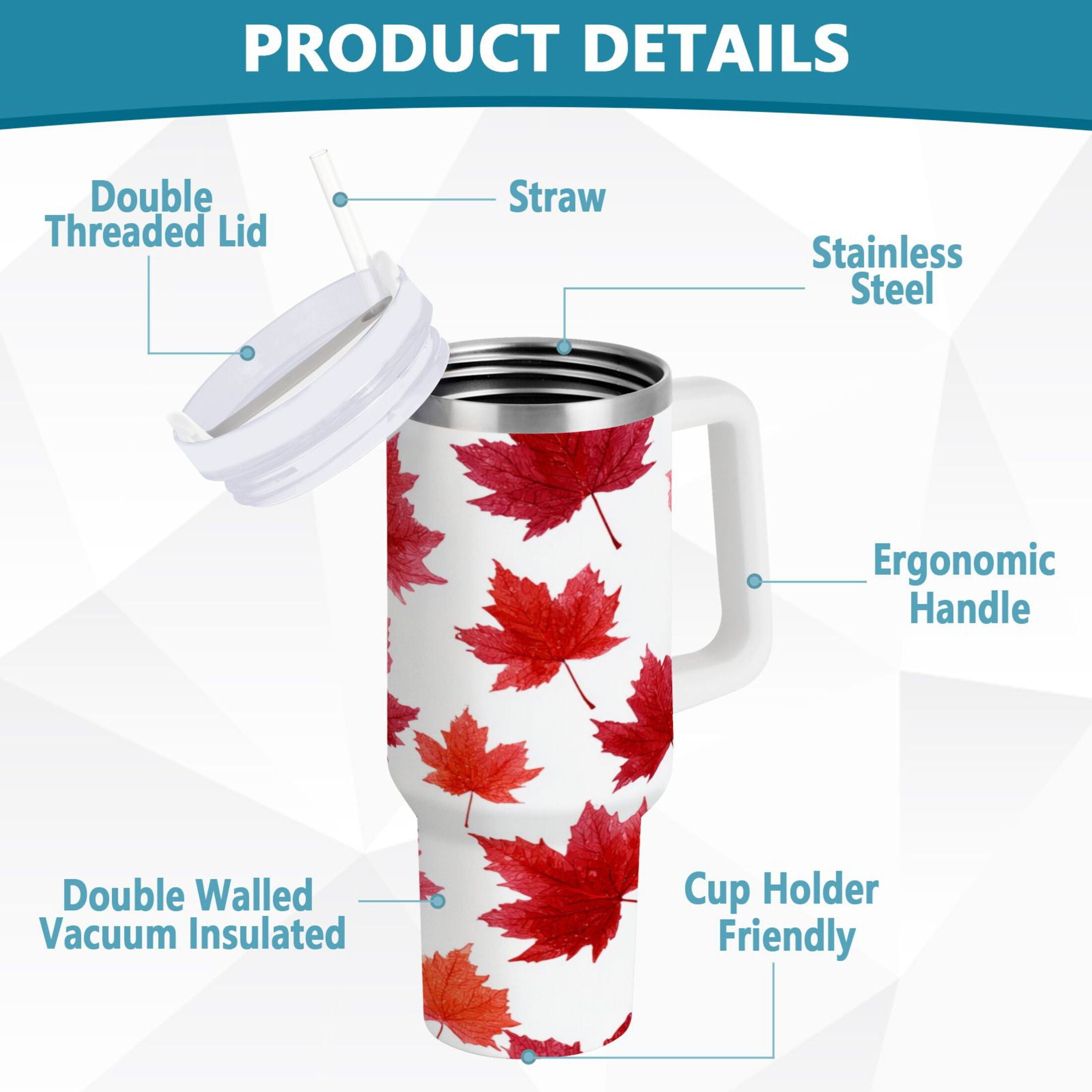 30 oz Insulated Stainless Steel Tumbler Double Wall Stainless Steel Tumbler with 2-Way Drinking Vibrant Red Maple Leaves - E80Y