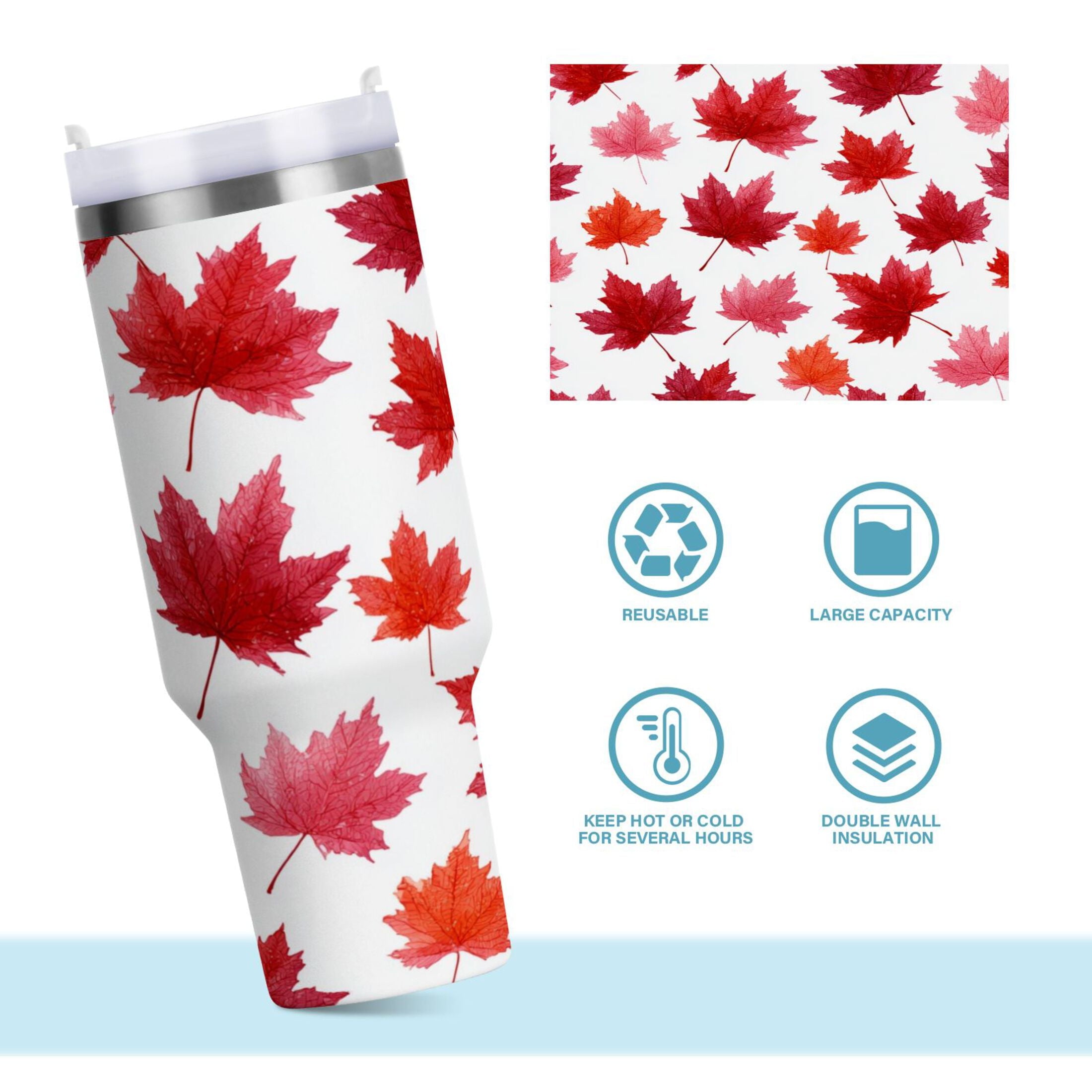 30 oz Insulated Stainless Steel Tumbler Double Wall Stainless Steel Tumbler with 2-Way Drinking Vibrant Red Maple Leaves - E80Y