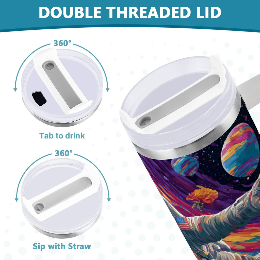 40 oz Insulated Stainless Steel Tumbler Double Wall Stainless Steel Tumbler with 2-Way Drinking Colorful Flowers and Planets - 1UM4