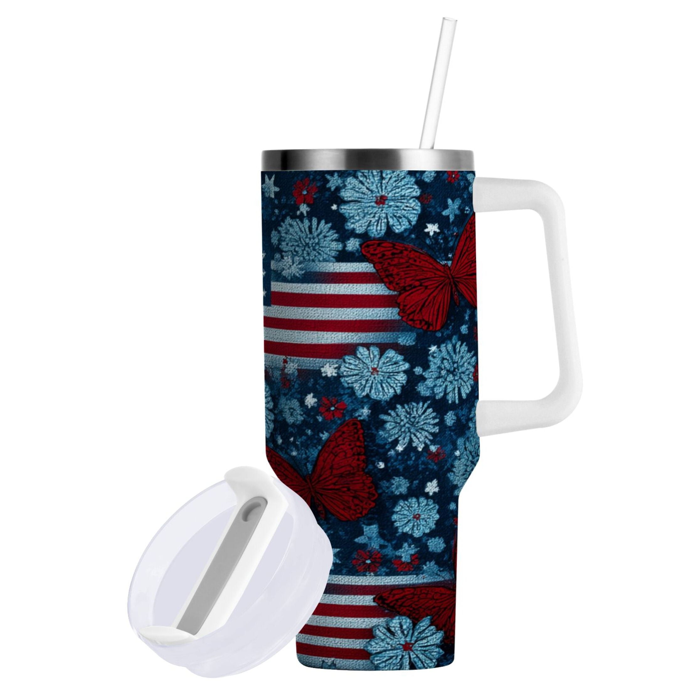 30 oz Insulated Stainless Steel Tumbler Double Wall Stainless Steel Tumbler with 2-Way Drinking Red Butterflies and Flags - P0DF