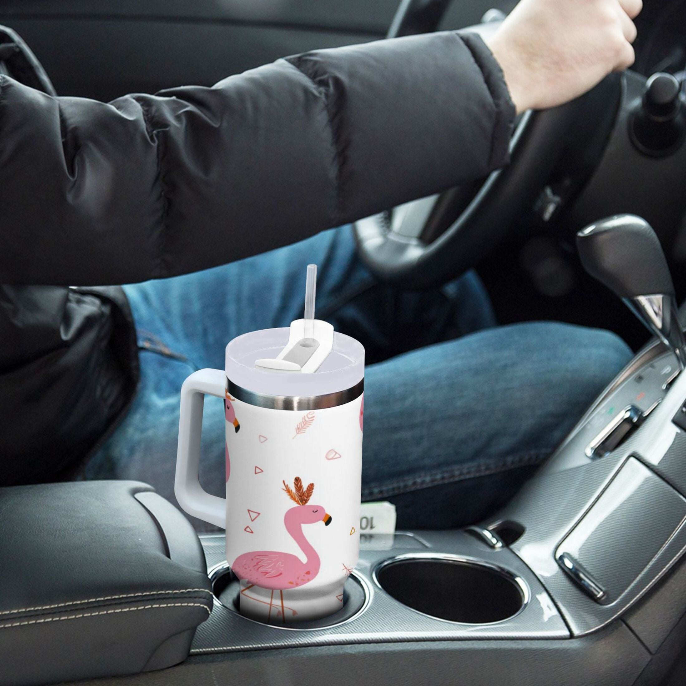 40 oz Insulated Stainless Steel Tumbler Double Wall Stainless Steel Tumbler with 2-Way Drinking Cute Pink Flamingo Pattern - 20VC