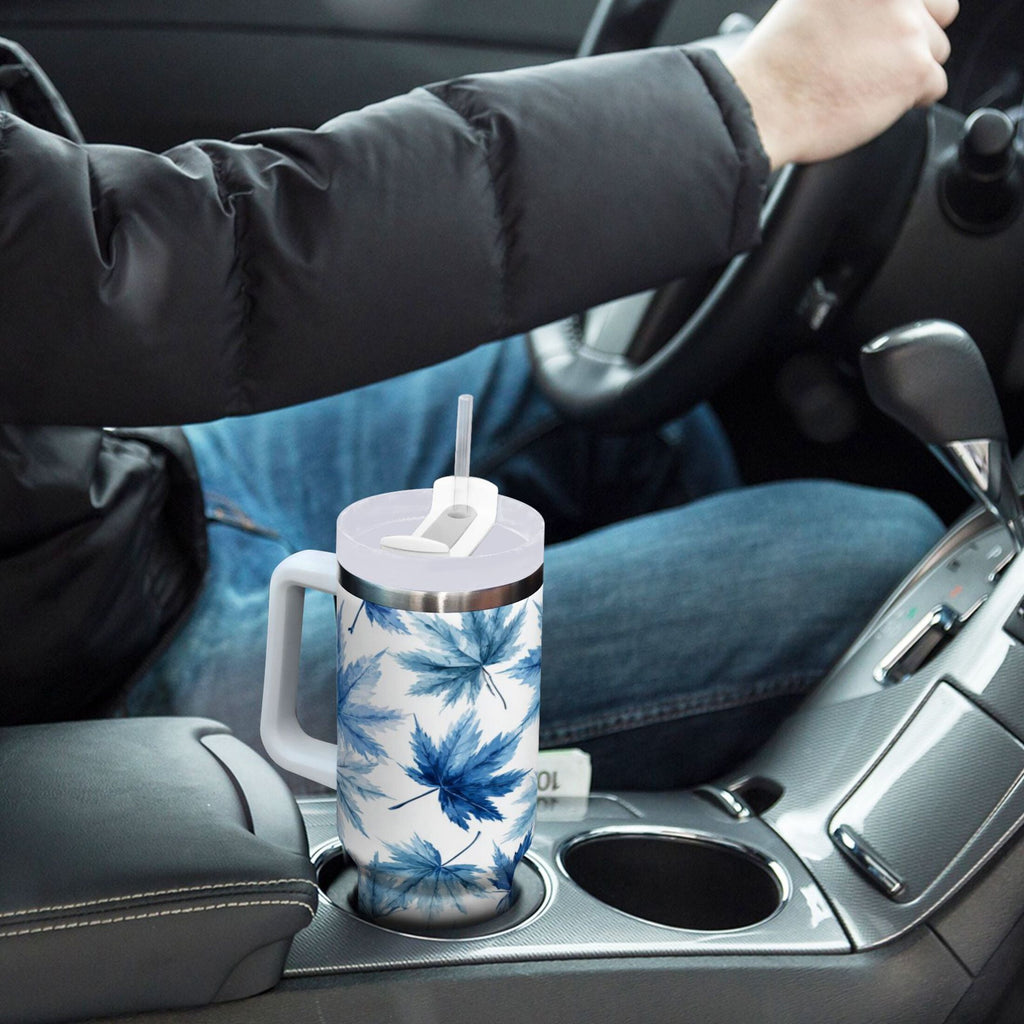 30 oz Insulated Stainless Steel Tumbler Double Wall Stainless Steel Tumbler with 2-Way Drinking Abstract Blue Maple Leaves - AVPG