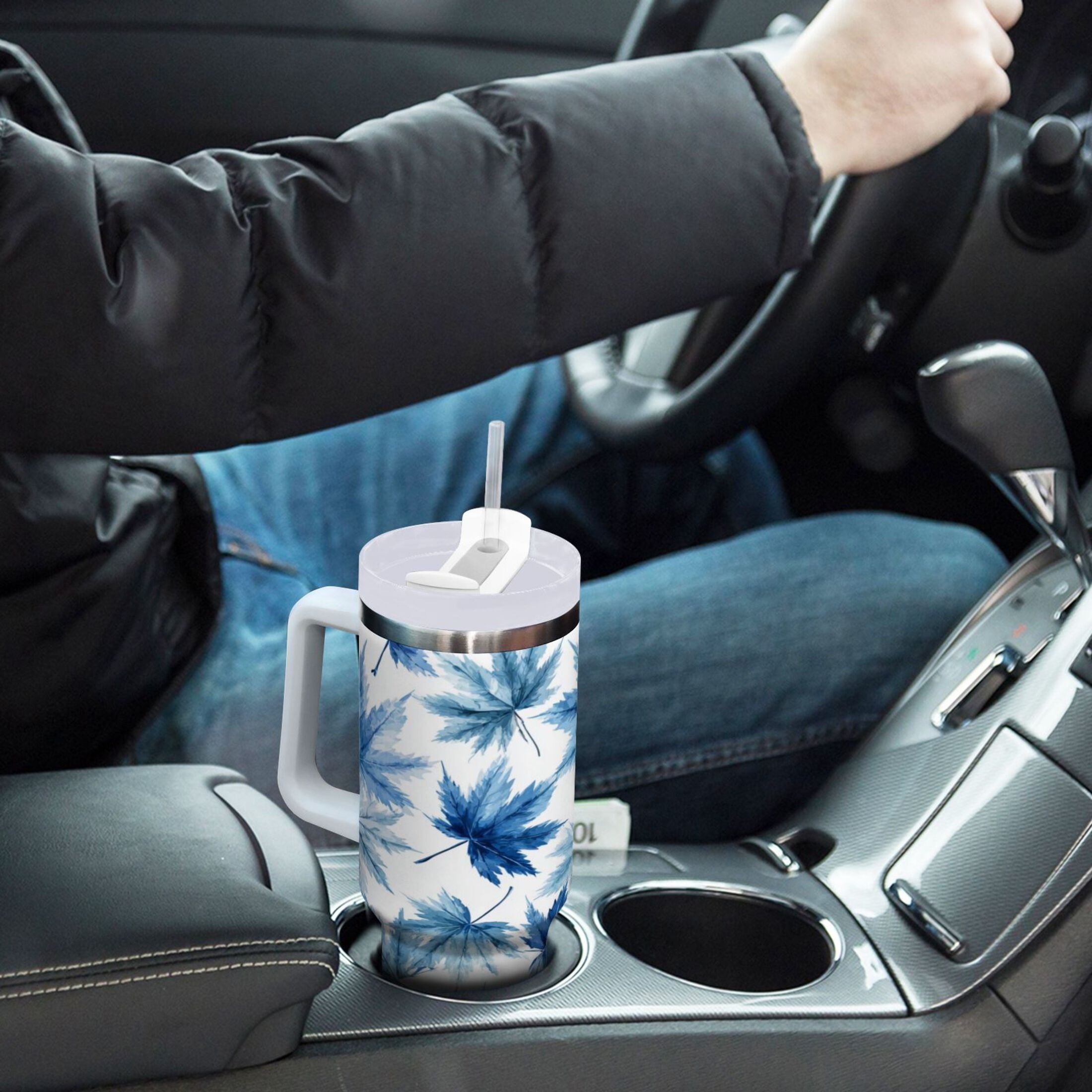 30 oz Insulated Stainless Steel Tumbler Double Wall Stainless Steel Tumbler with 2-Way Drinking Abstract Blue Maple Leaves - AVPG