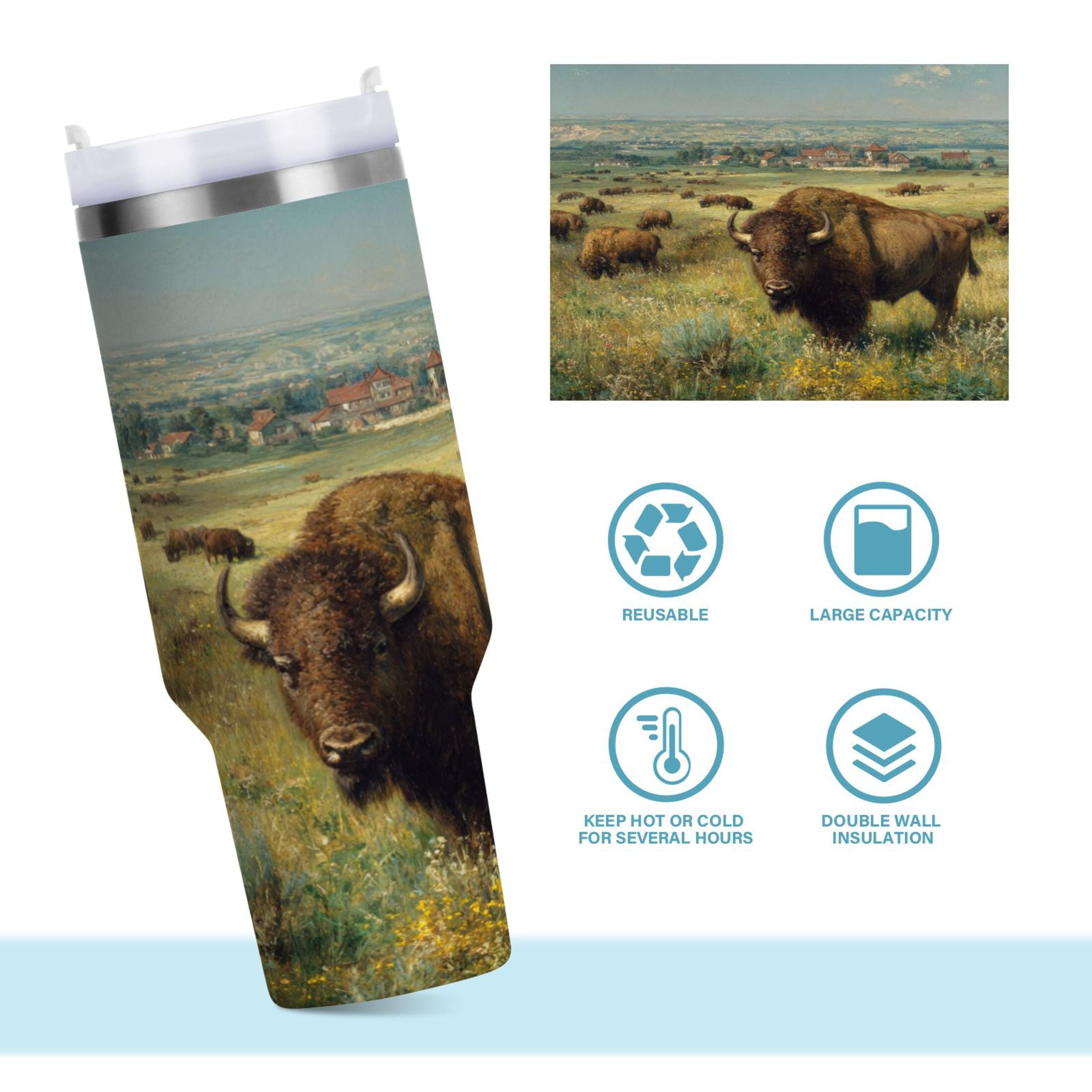 30 oz Insulated Stainless Steel Tumbler Double Wall Stainless Steel Tumbler with 2-Way Drinking Buffalo Herd Oil Painting - I0RD