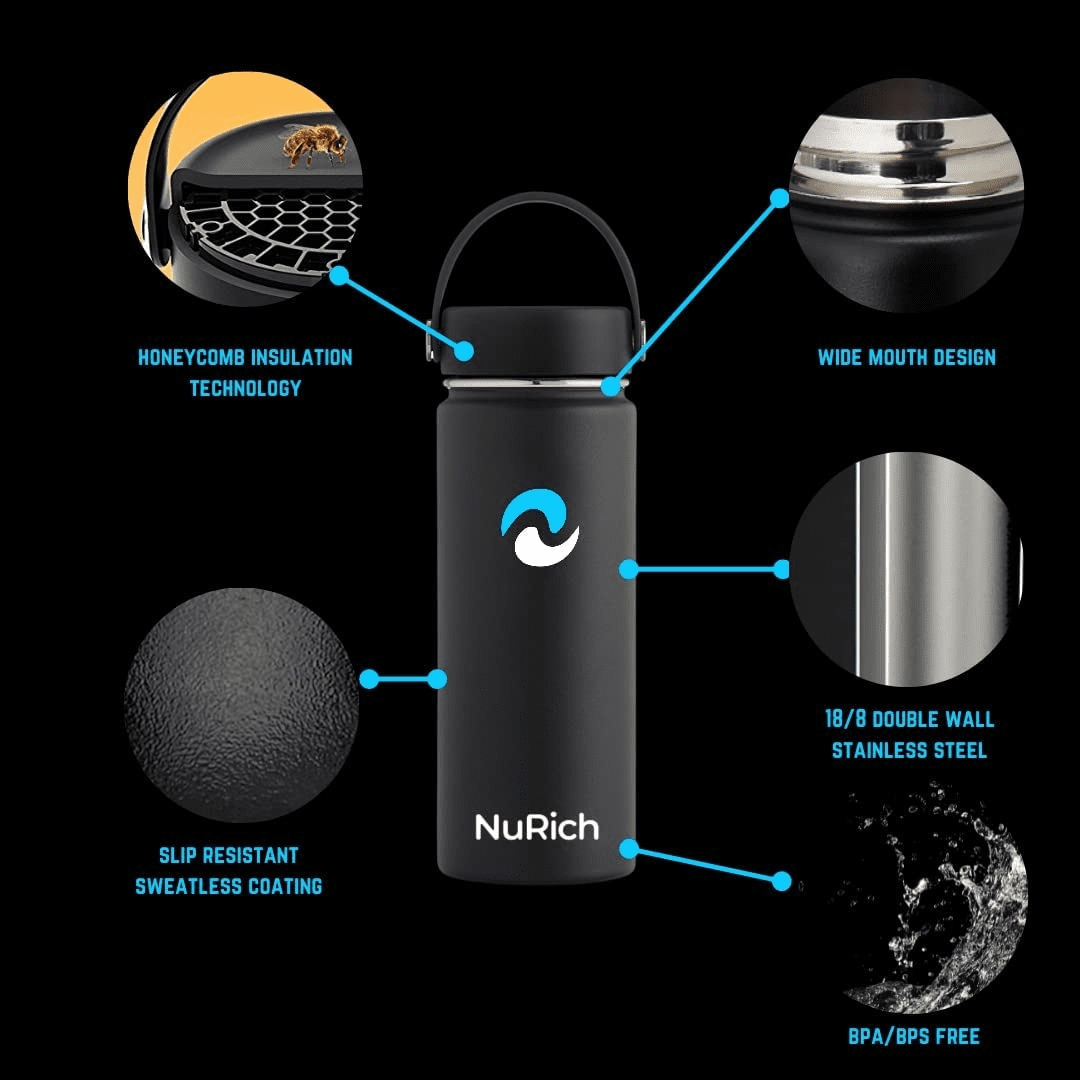 NuRich Sports Water Bottle - 18 Oz, Vacuum Insulated Stainless Steel, Modern Double Walled, Simple Thermo Modern Mug, Hydro Metal Canteen Flask Wide Mouth with Sweat Proof Design for Cold &amp; Hot Temp - NGPC