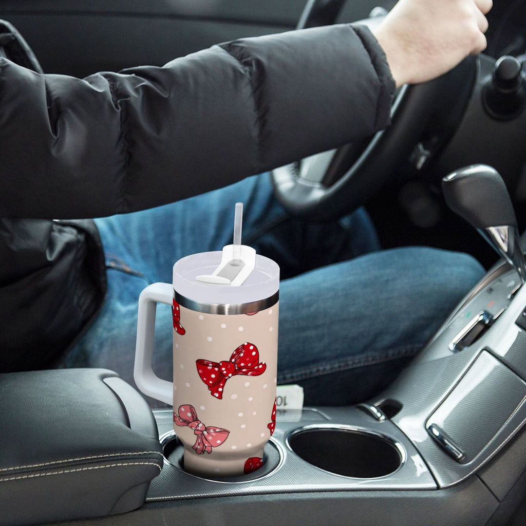 30 oz Insulated Stainless Steel Tumbler Double Wall Stainless Steel Tumbler with 2-Way Drinking Cute Red Bows Pattern - 7WO6