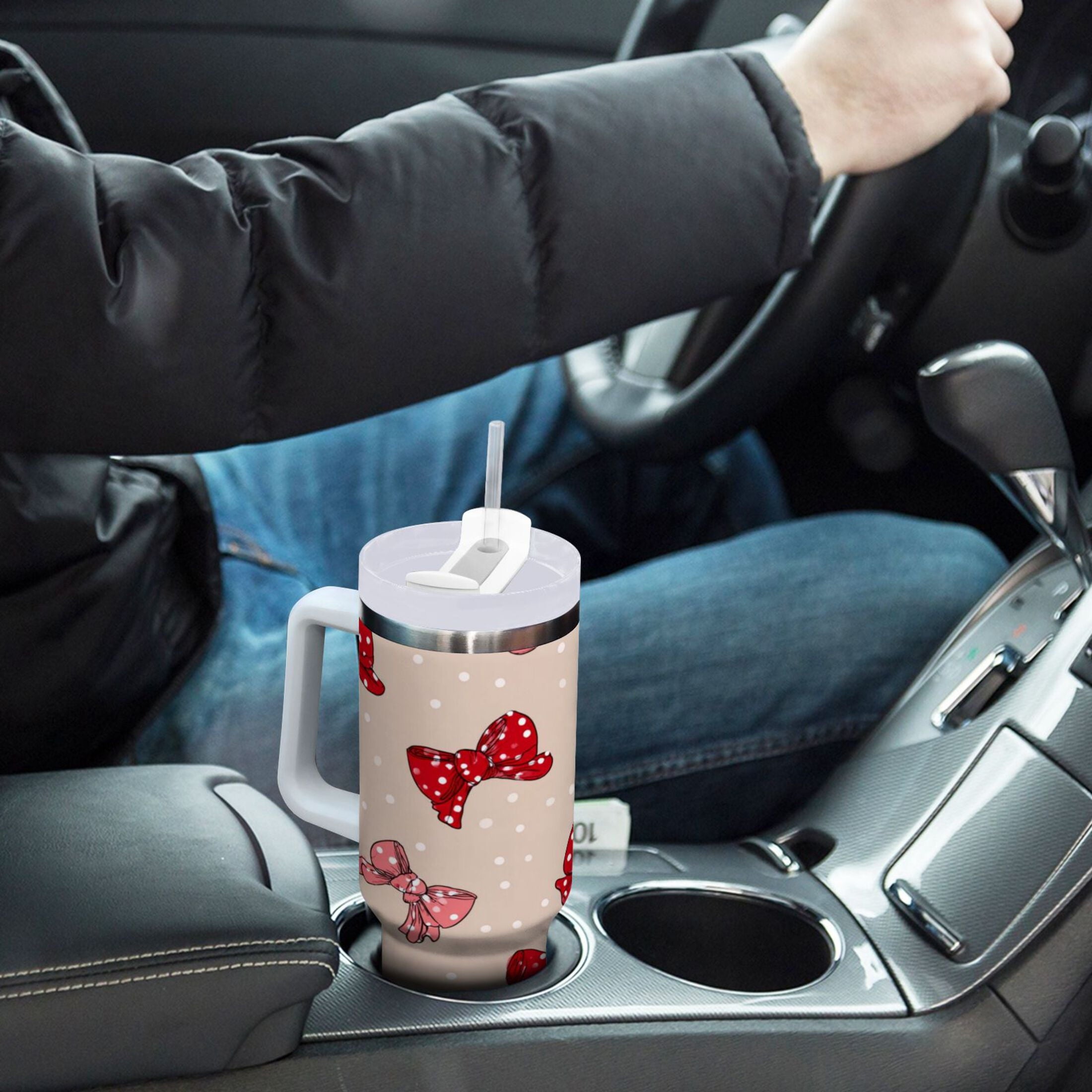 30 oz Insulated Stainless Steel Tumbler Double Wall Stainless Steel Tumbler with 2-Way Drinking Cute Red Bows Pattern - 7WO6