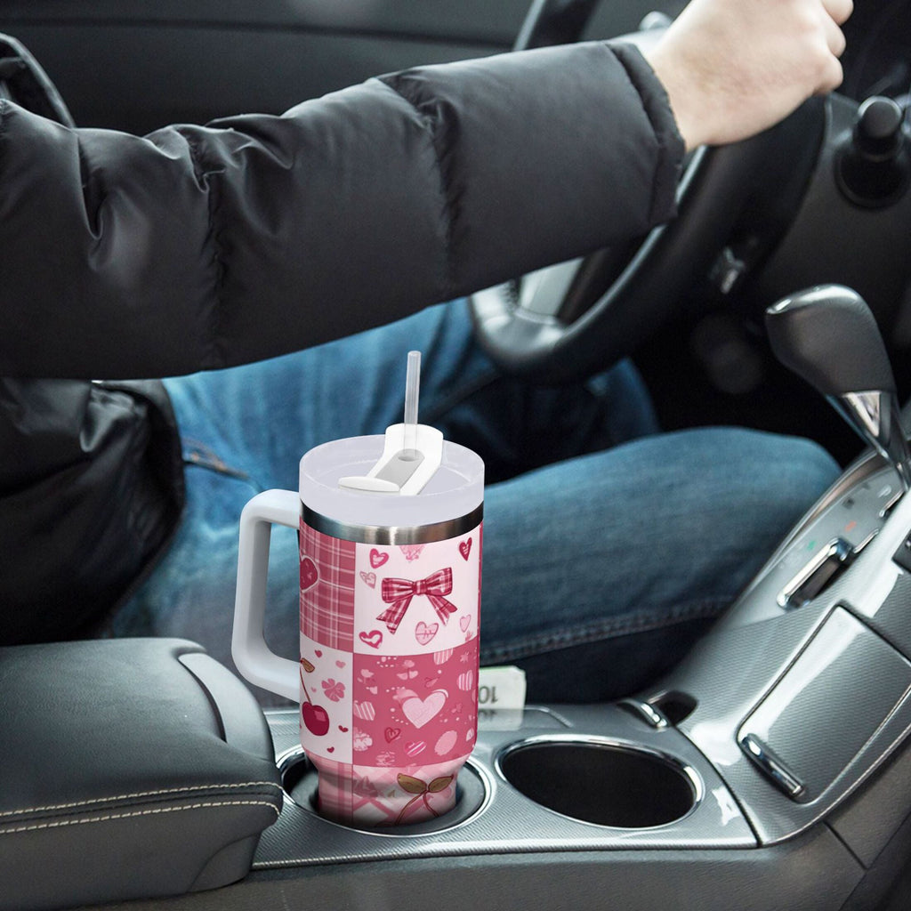 30 oz Insulated Stainless Steel Tumbler Double Wall Stainless Steel Tumbler with 2-Way Drinking Cherry Pattern with Bows - 2NGA