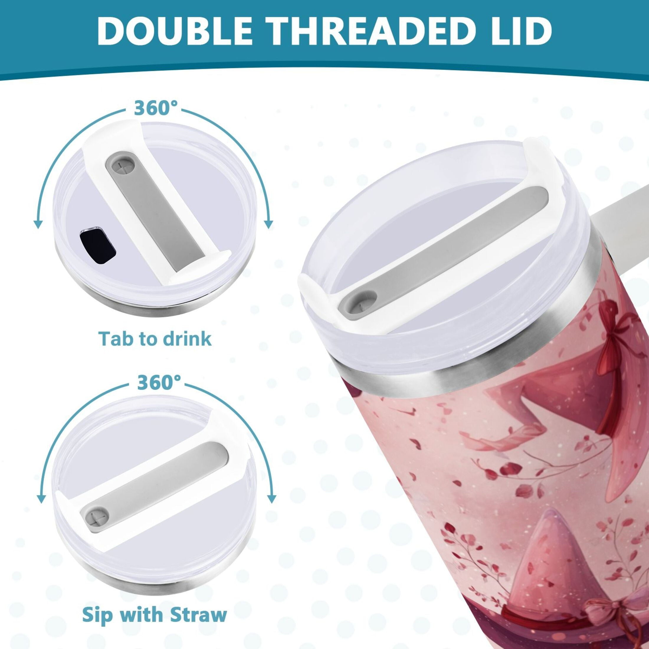 30 oz Insulated Stainless Steel Tumbler Double Wall Stainless Steel Tumbler with 2-Way Drinking Hats with Delicate Bows - H7Z6