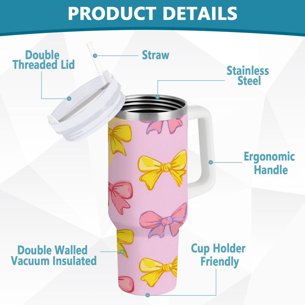 30 oz Insulated Stainless Steel Tumbler Double Wall Stainless Steel Tumbler with 2-Way Drinking Yellow and Pink Bows - MRIB