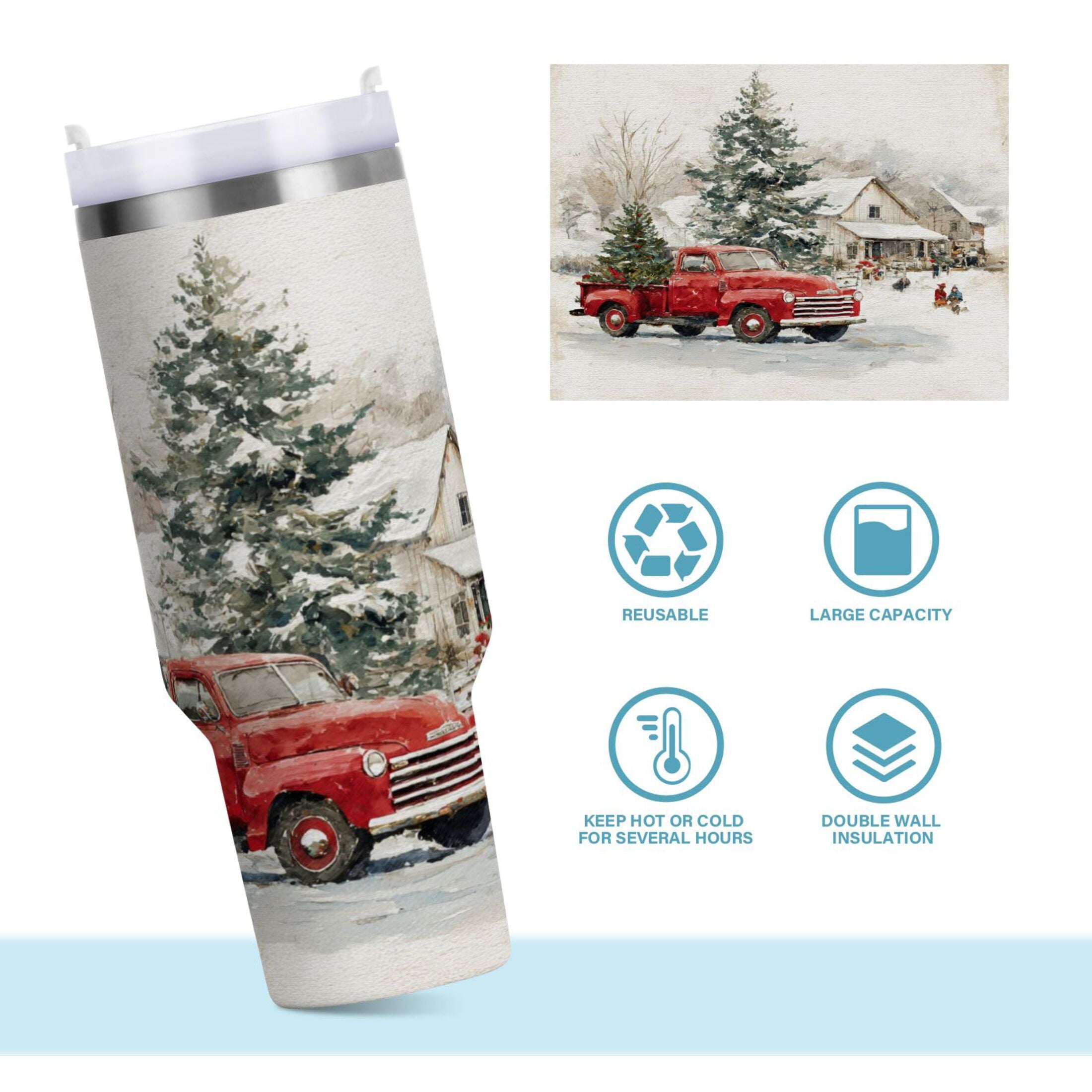 30 oz Insulated Stainless Steel Tumbler Double Wall Stainless Steel Tumbler with 2-Way Drinking Truck with Christmas Decorations - Q3LM