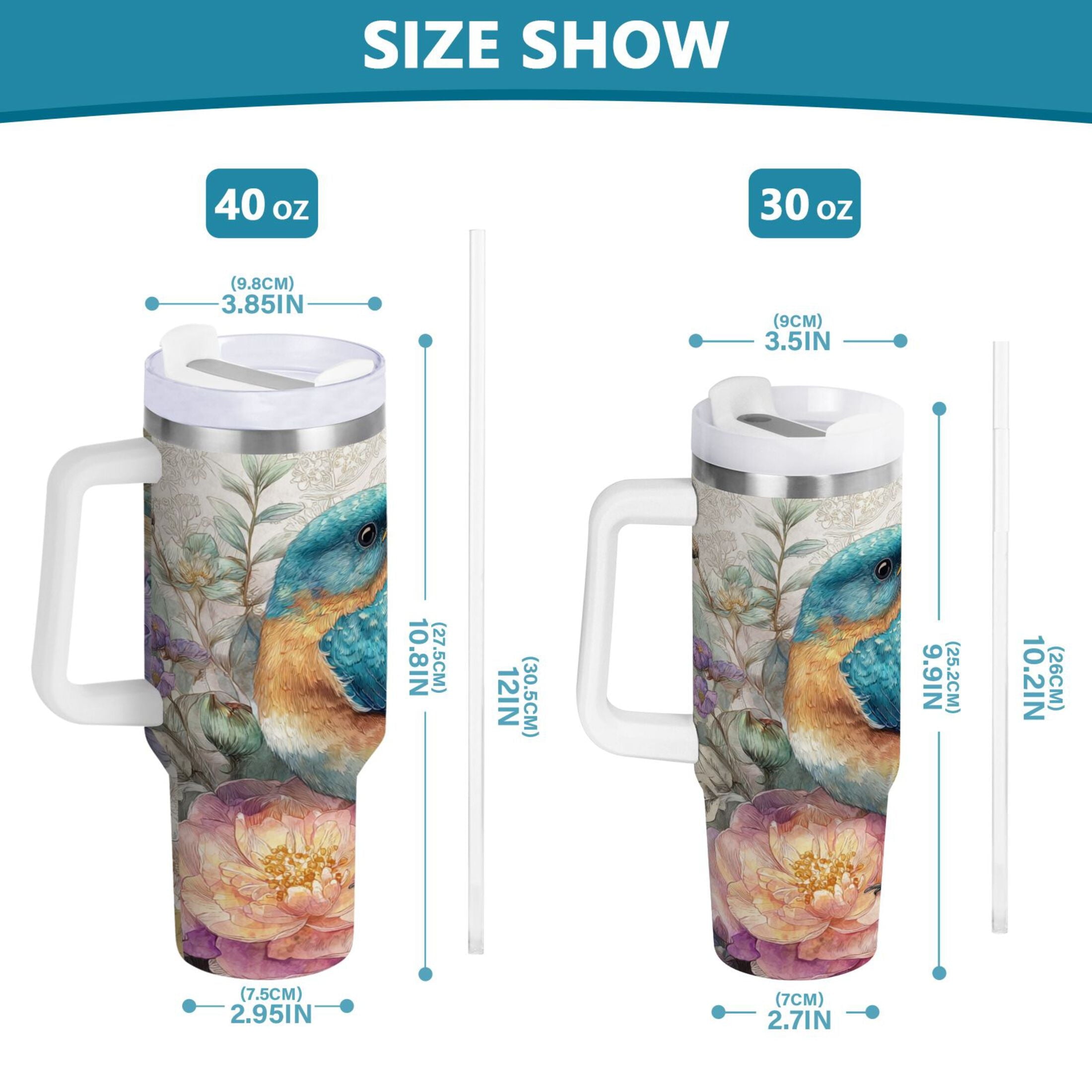 30 oz Insulated Stainless Steel Tumbler Double Wall Stainless Steel Tumbler with 2-Way Drinking Bluebird and Flower - VS42