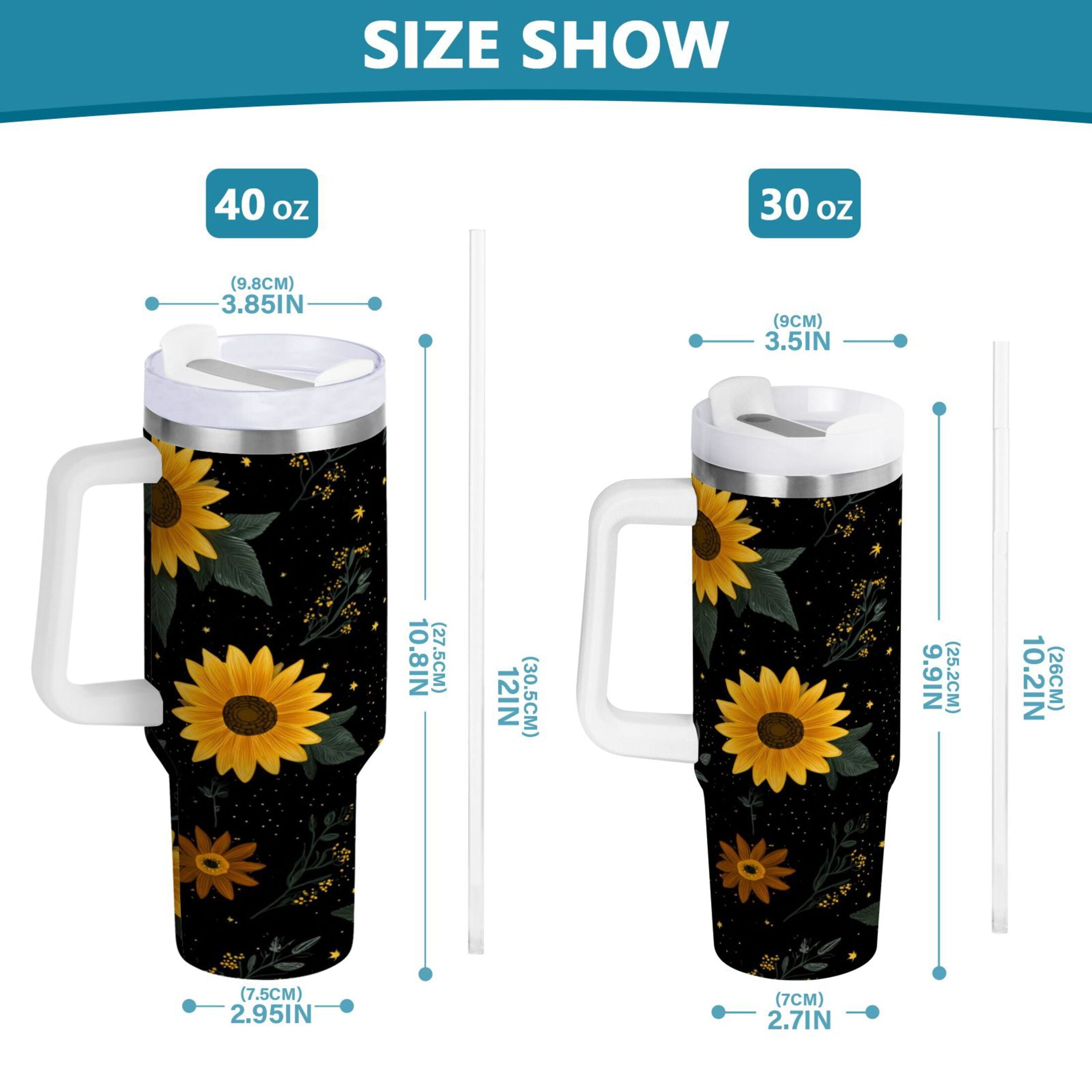 30 oz Insulated Stainless Steel Tumbler Double Wall Stainless Steel Tumbler with 2-Way Drinking Yellow Sunflower Pattern - REZR