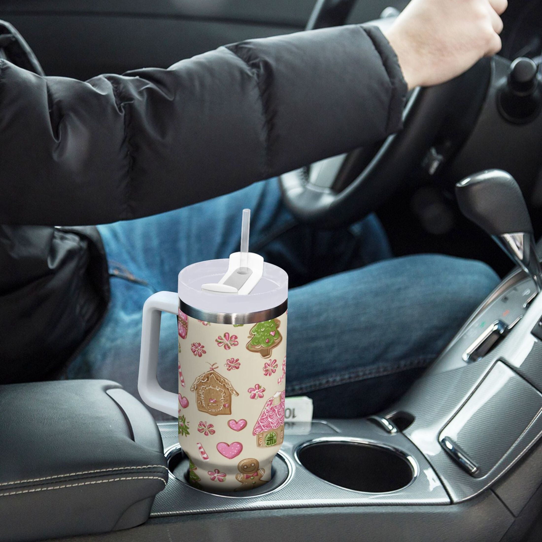 40 oz Insulated Stainless Steel Tumbler Double Wall Stainless Steel Tumbler with 2-Way Drinking Pink Cute Christmas Pattern - QX37