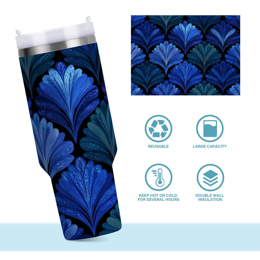 30 oz Insulated Stainless Steel Tumbler Double Wall Stainless Steel Tumbler with 2-Way Drinking Blue Batik Leaves Pattern - OM7T