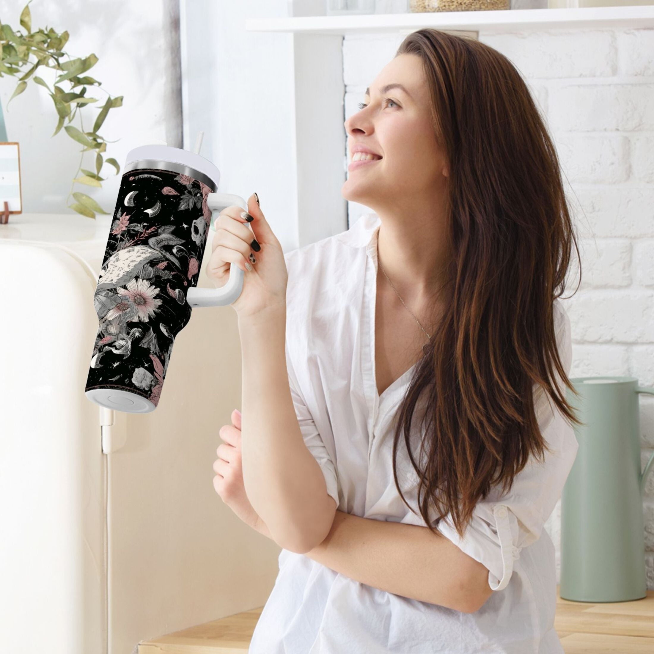 40 oz Insulated Stainless Steel Tumbler Double Wall Stainless Steel Tumbler with 2-Way Drinking Butterfly Surrounded by Flowers - Z957