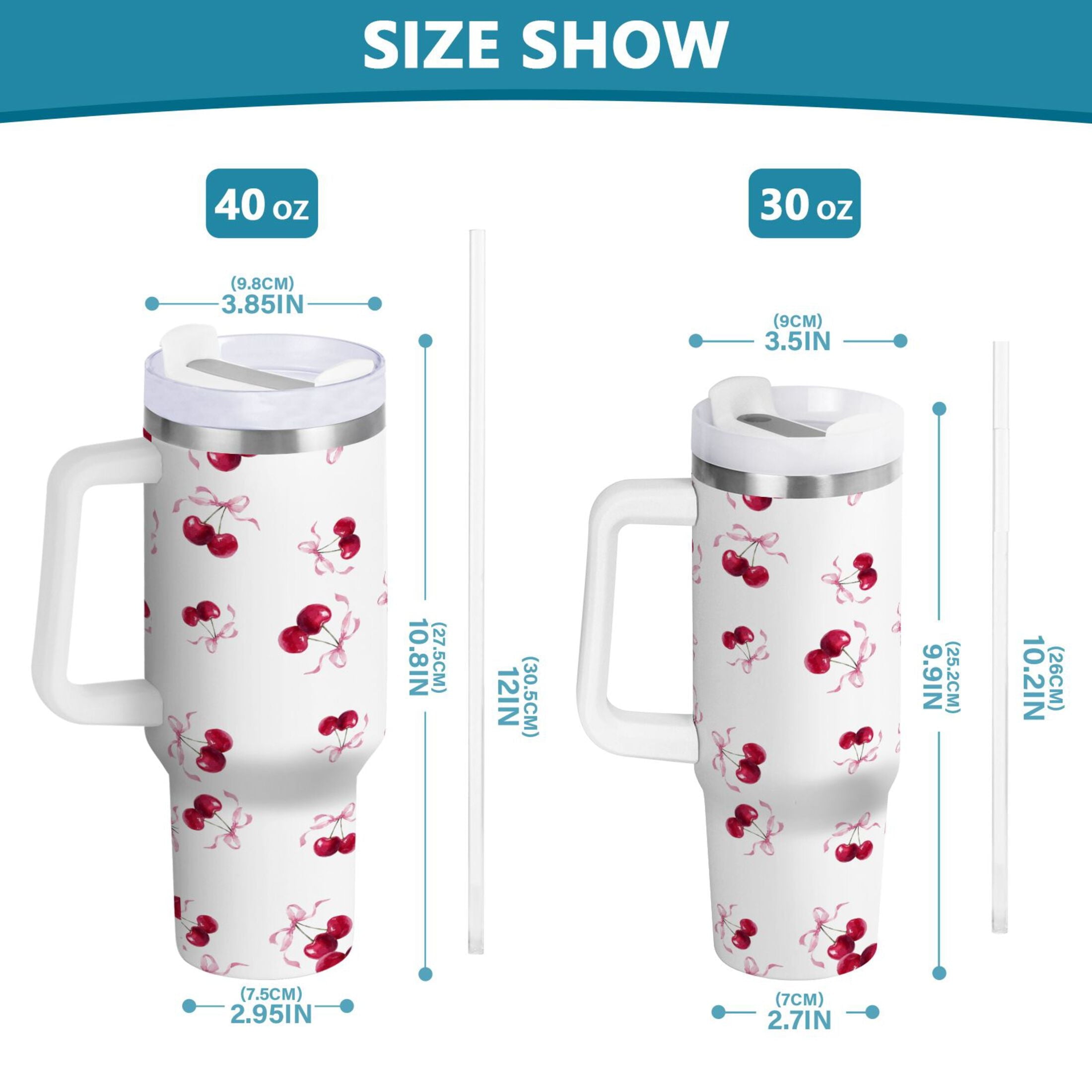 30 oz Insulated Stainless Steel Tumbler Double Wall Stainless Steel Tumbler with 2-Way Drinking Watercolor Cherries Pattern - DDDW