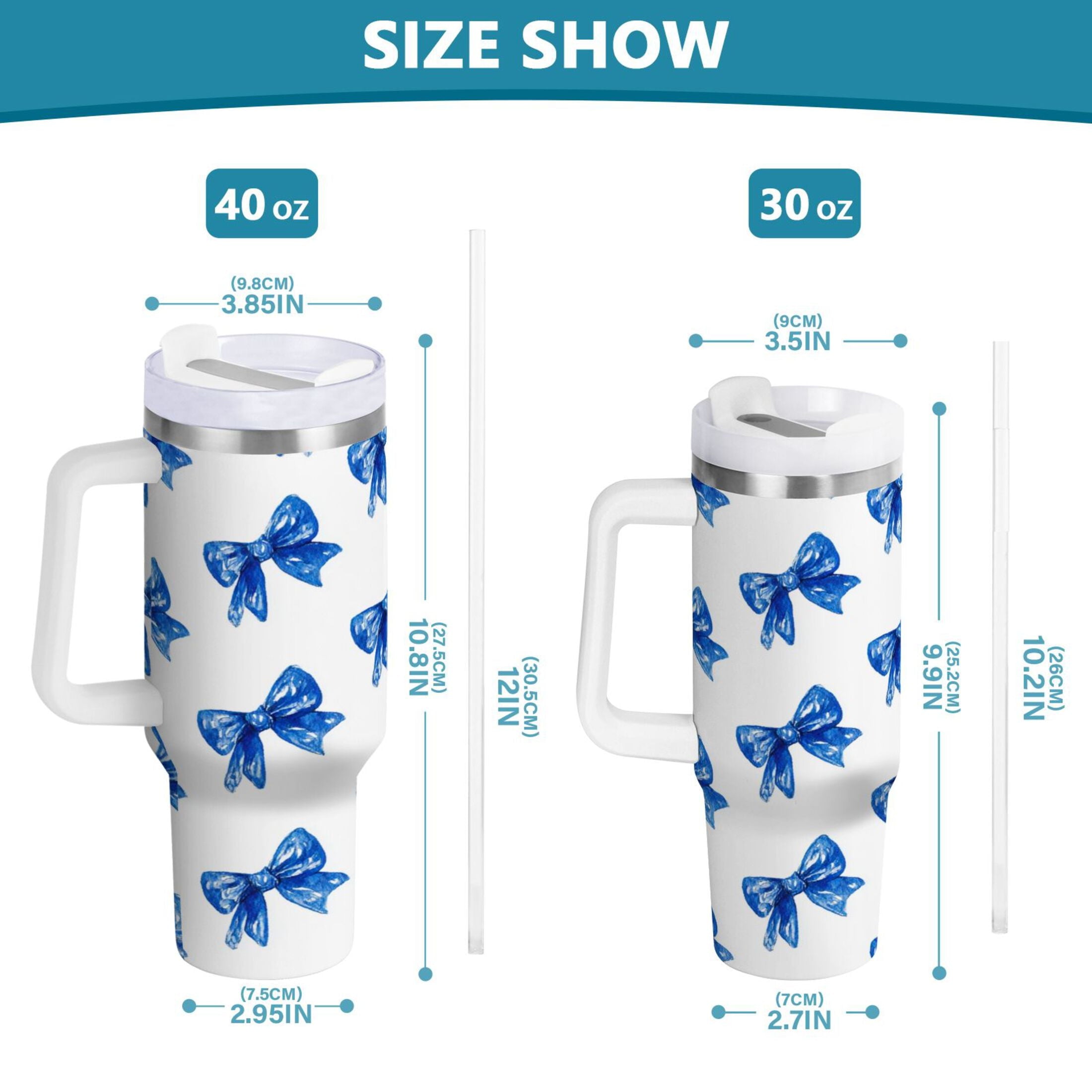 30 oz Insulated Stainless Steel Tumbler Double Wall Stainless Steel Tumbler with 2-Way Drinking Blue Bows Pattern - V80H