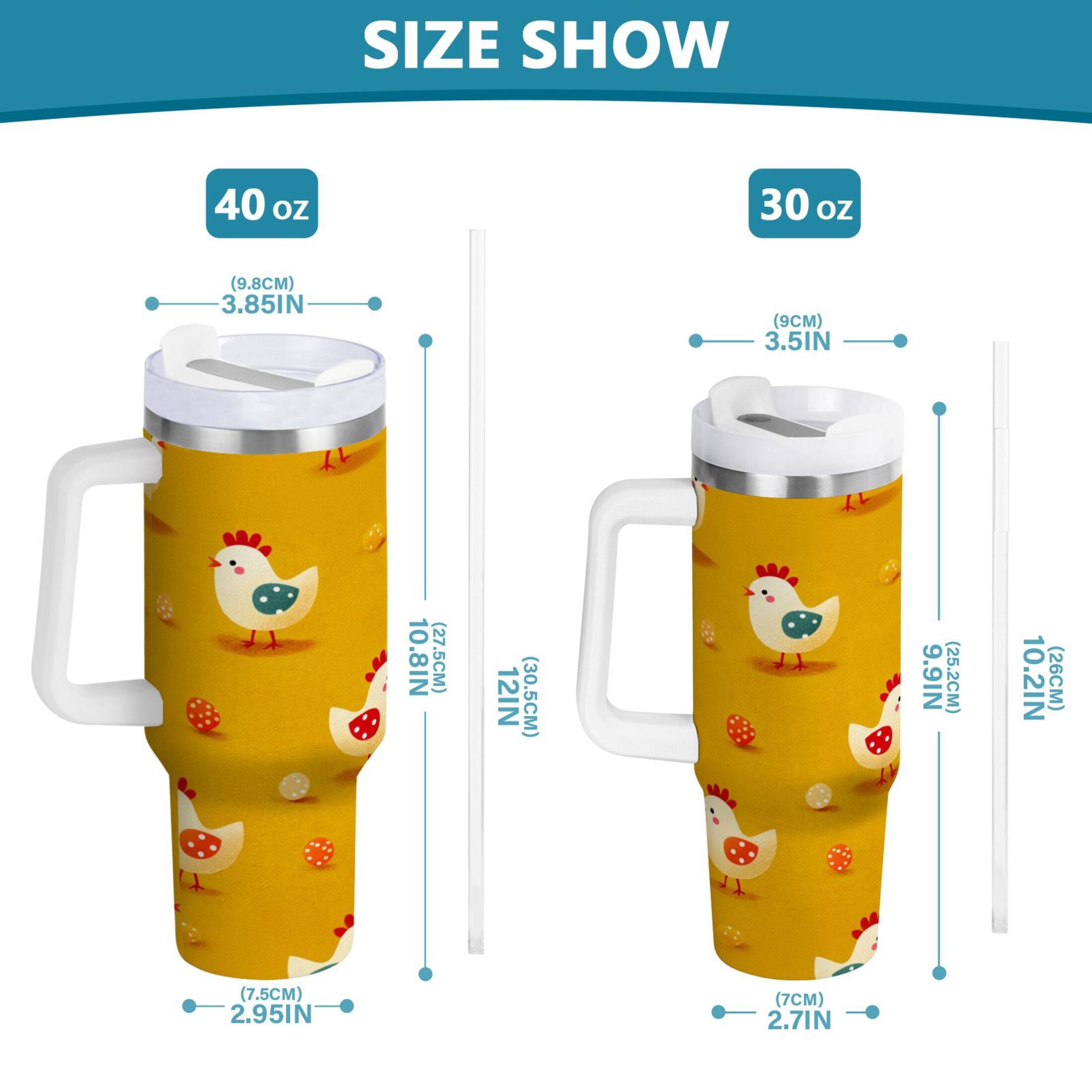 30 oz Insulated Stainless Steel Tumbler Double Wall Stainless Steel Tumbler with 2-Way Drinking Cartoon Chickens Pattern - Y418