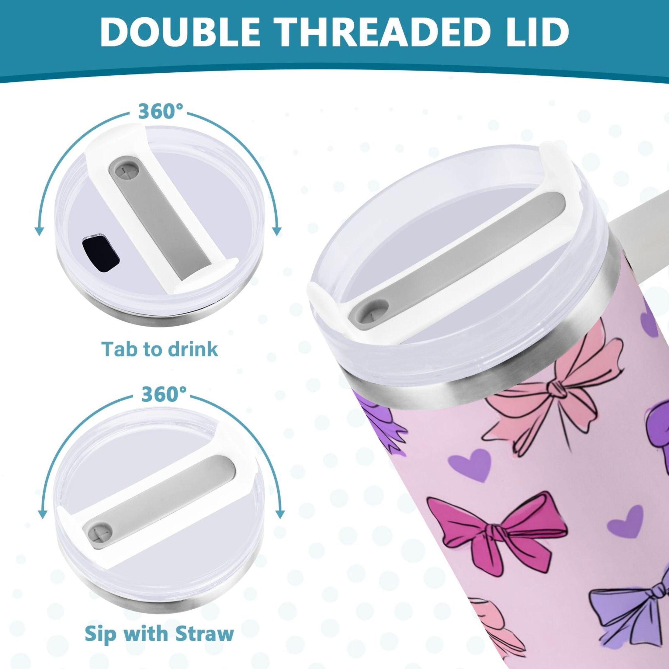 30 oz Insulated Stainless Steel Tumbler Double Wall Stainless Steel Tumbler with 2-Way Drinking Bows and Heart Pattern - MTVD