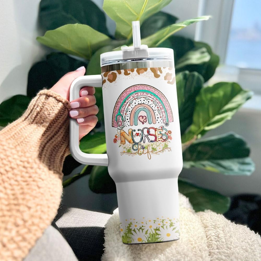 Tumbler 40 Oz With Handle Lid And Straw, Nurse Gifts, Black Camo White Engraved Print Travel Nurses Tumblers Handle Funny Cups Nursing For, Great Nurse Rainbow Daisy Flower - 6ZUO