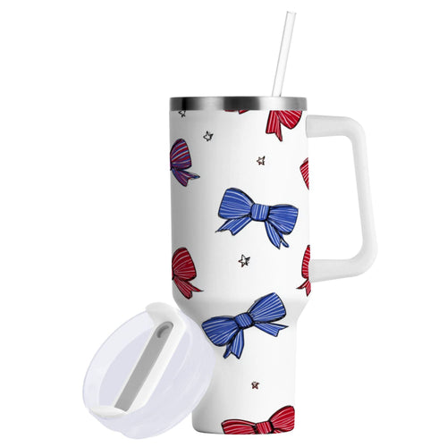 30 oz Insulated Stainless Steel Tumbler Double Wall Stainless Steel Tumbler with 2-Way Drinking Red and Blue Stripe Bows - 1GWC