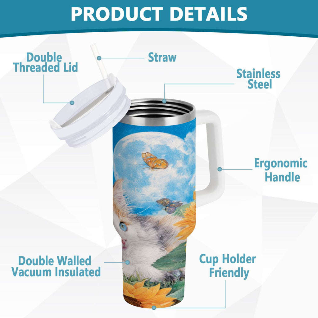 40 oz Insulated Stainless Steel Tumbler Double Wall Stainless Steel Tumbler with 2-Way Drinking Playful Cat Lying Sunflowers - GLDR