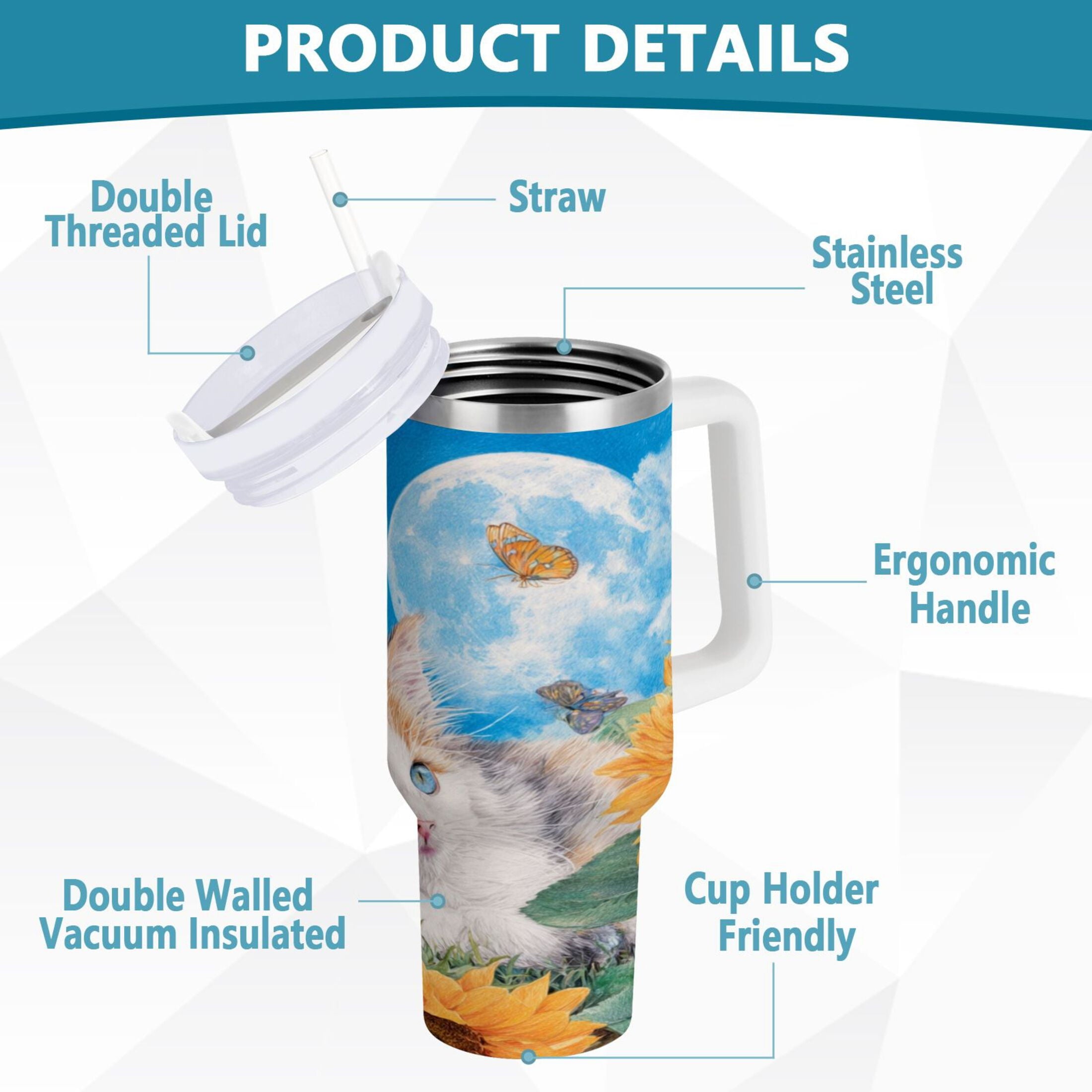 40 oz Insulated Stainless Steel Tumbler Double Wall Stainless Steel Tumbler with 2-Way Drinking Playful Cat Lying Sunflowers - GLDR