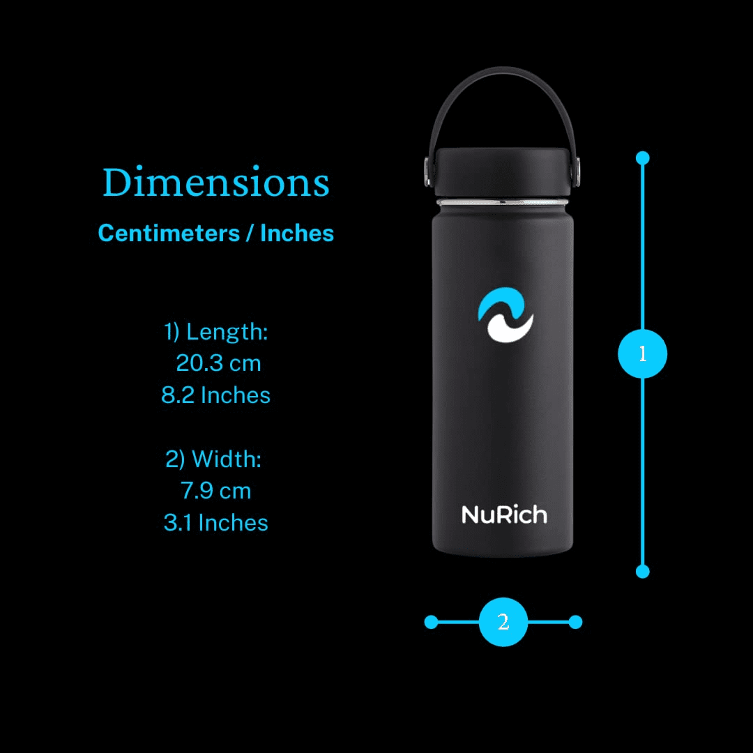 NuRich Sports Water Bottle - 18 Oz, Vacuum Insulated Stainless Steel, Modern Double Walled, Simple Thermo Modern Mug, Hydro Metal Canteen Flask Wide Mouth with Sweat Proof Design for Cold &amp; Hot Temp - NGPC