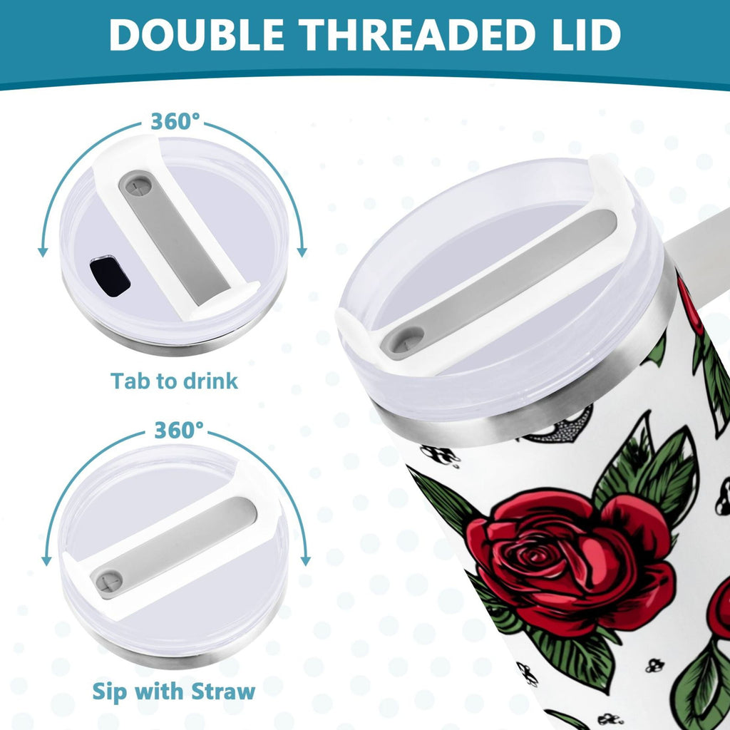 40 oz Insulated Stainless Steel Tumbler Double Wall Stainless Steel Tumbler with 2-Way Drinking Red Roses and Cherries - 27II
