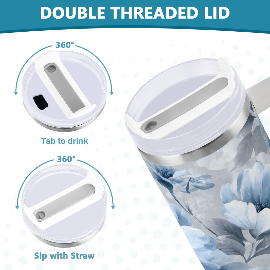 40 oz Insulated Stainless Steel Tumbler Double Wall Stainless Steel Tumbler with 2-Way Drinking White Floral Pattern - EB0T