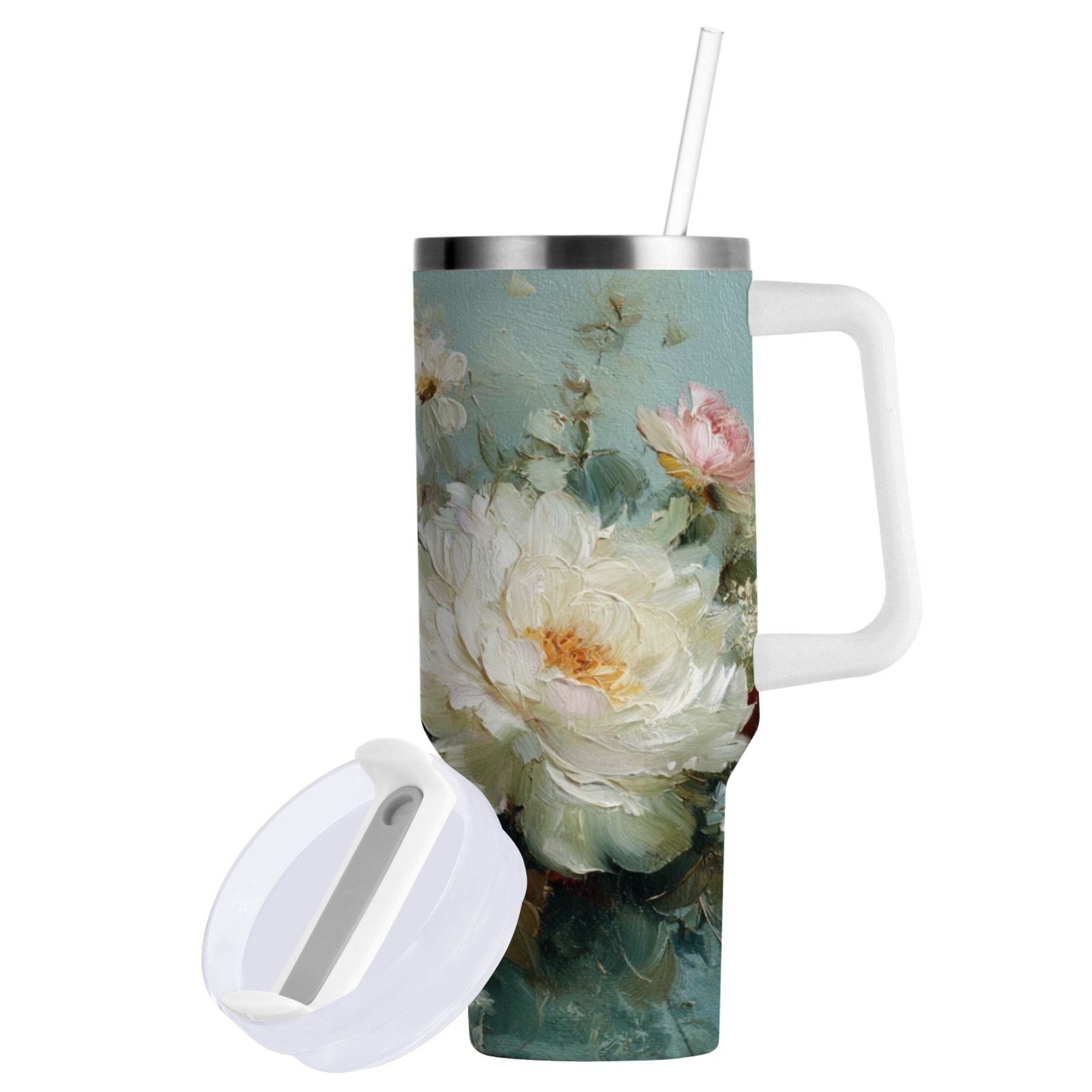 40 oz Insulated Stainless Steel Tumbler Double Wall Stainless Steel Tumbler with 2-Way Drinking Vintage Peonies and Daisies - 6235