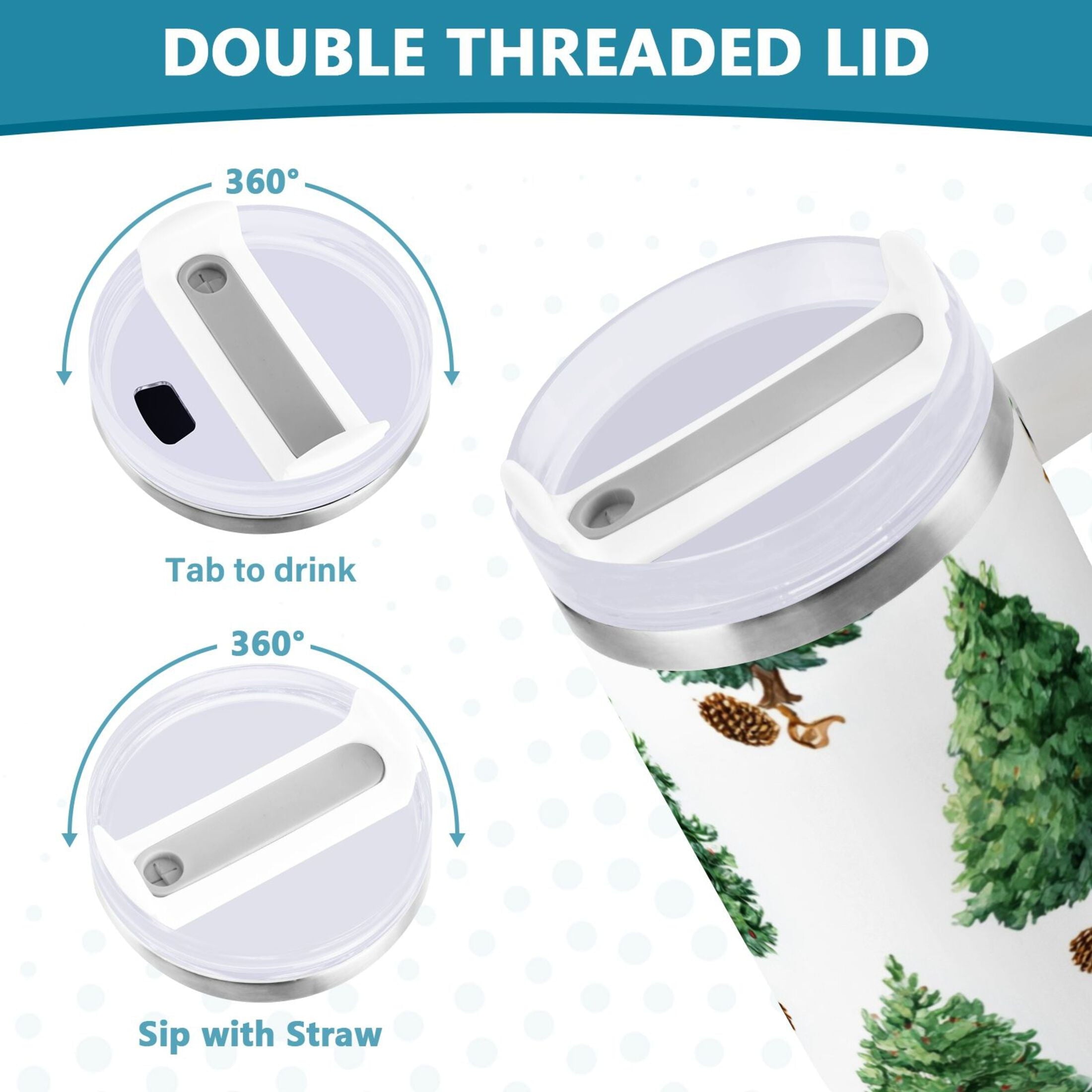 30 oz Insulated Stainless Steel Tumbler Double Wall Stainless Steel Tumbler with 2-Way Drinking Watercolor Green Christmas Tree - QM25