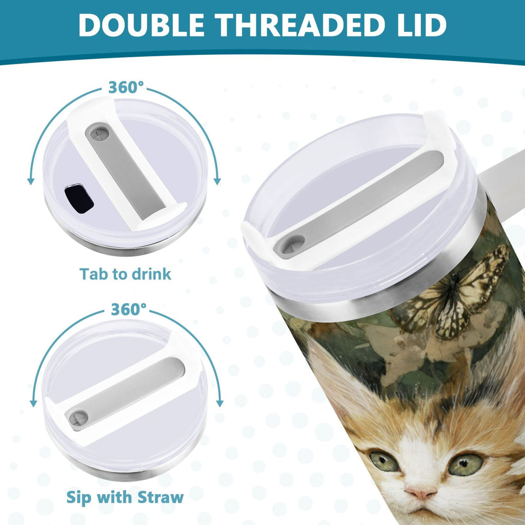 30 oz Insulated Stainless Steel Tumbler Double Wall Stainless Steel Tumbler with 2-Way Drinking Adorable Cats and Daisies - I13N