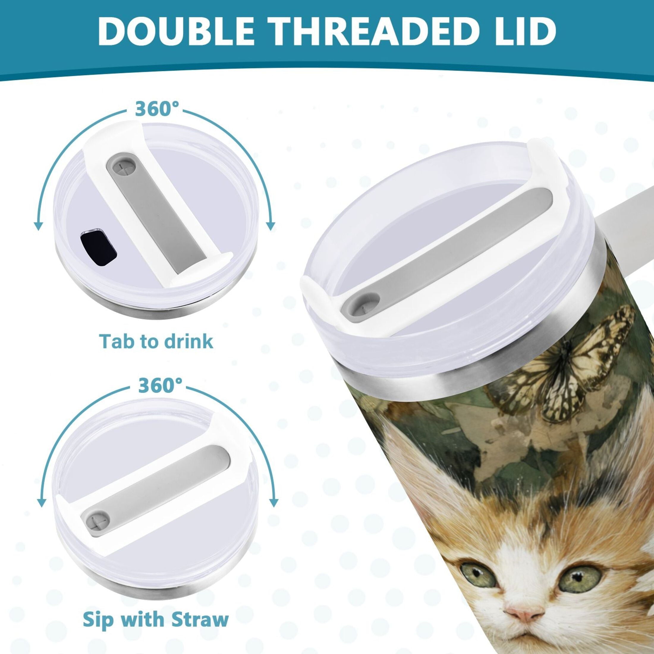 30 oz Insulated Stainless Steel Tumbler Double Wall Stainless Steel Tumbler with 2-Way Drinking Adorable Cats and Daisies - I13N