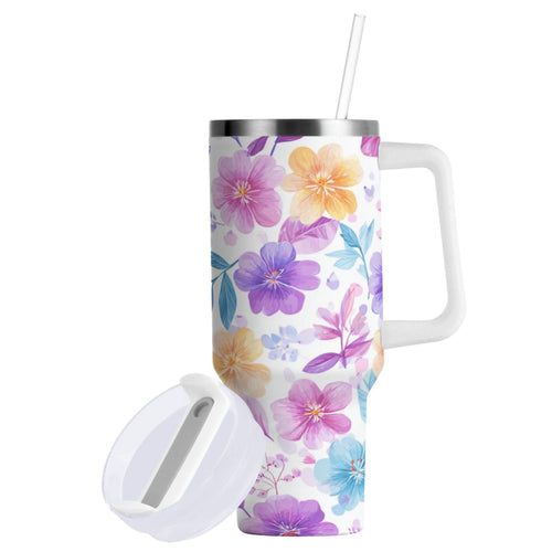 30 oz Insulated Stainless Steel Tumbler Double Wall Stainless Steel Tumbler with 2-Way Drinking Pink and Purple Flowers - YRCC