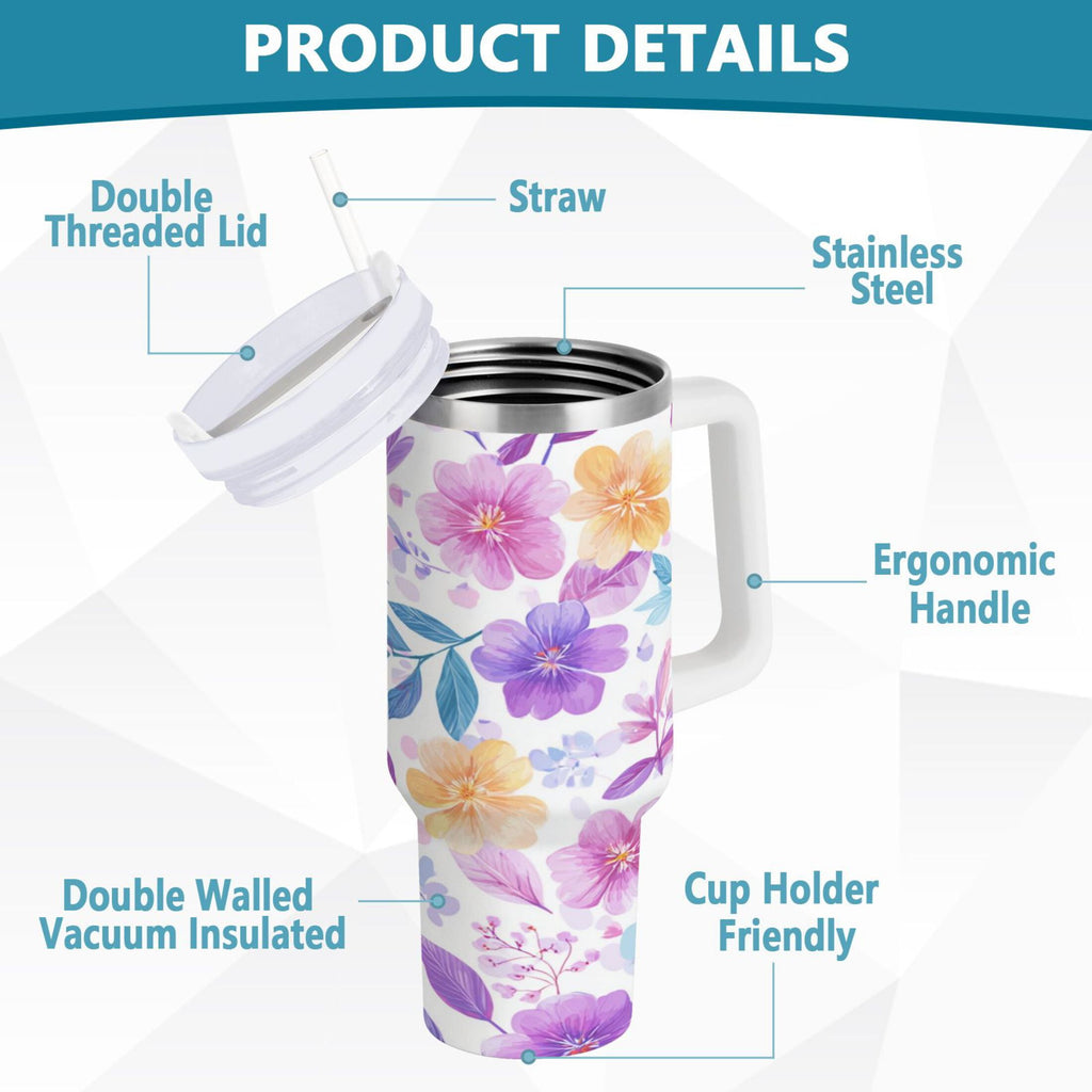 30 oz Insulated Stainless Steel Tumbler Double Wall Stainless Steel Tumbler with 2-Way Drinking Pink and Purple Flowers - YRCC