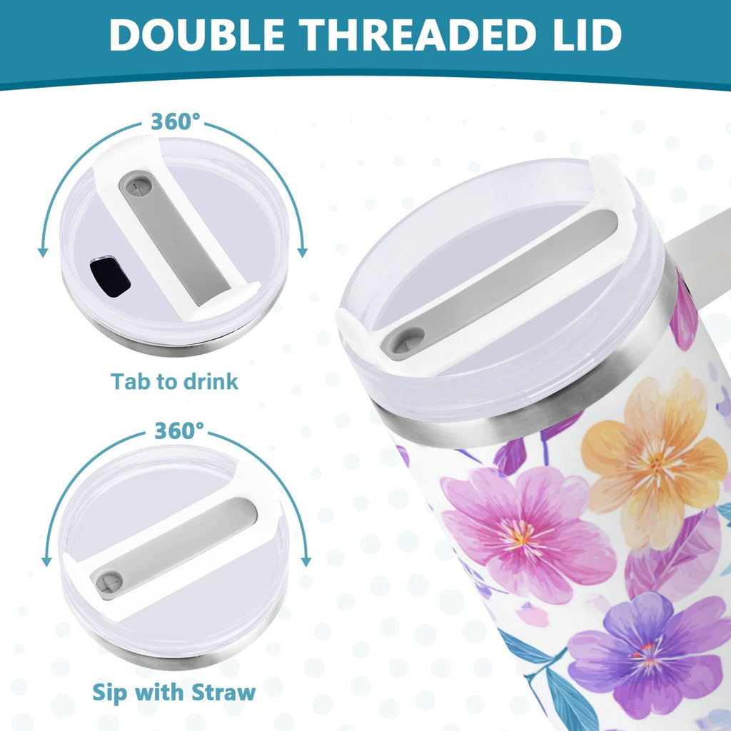 30 oz Insulated Stainless Steel Tumbler Double Wall Stainless Steel Tumbler with 2-Way Drinking Pink and Purple Flowers - YRCC