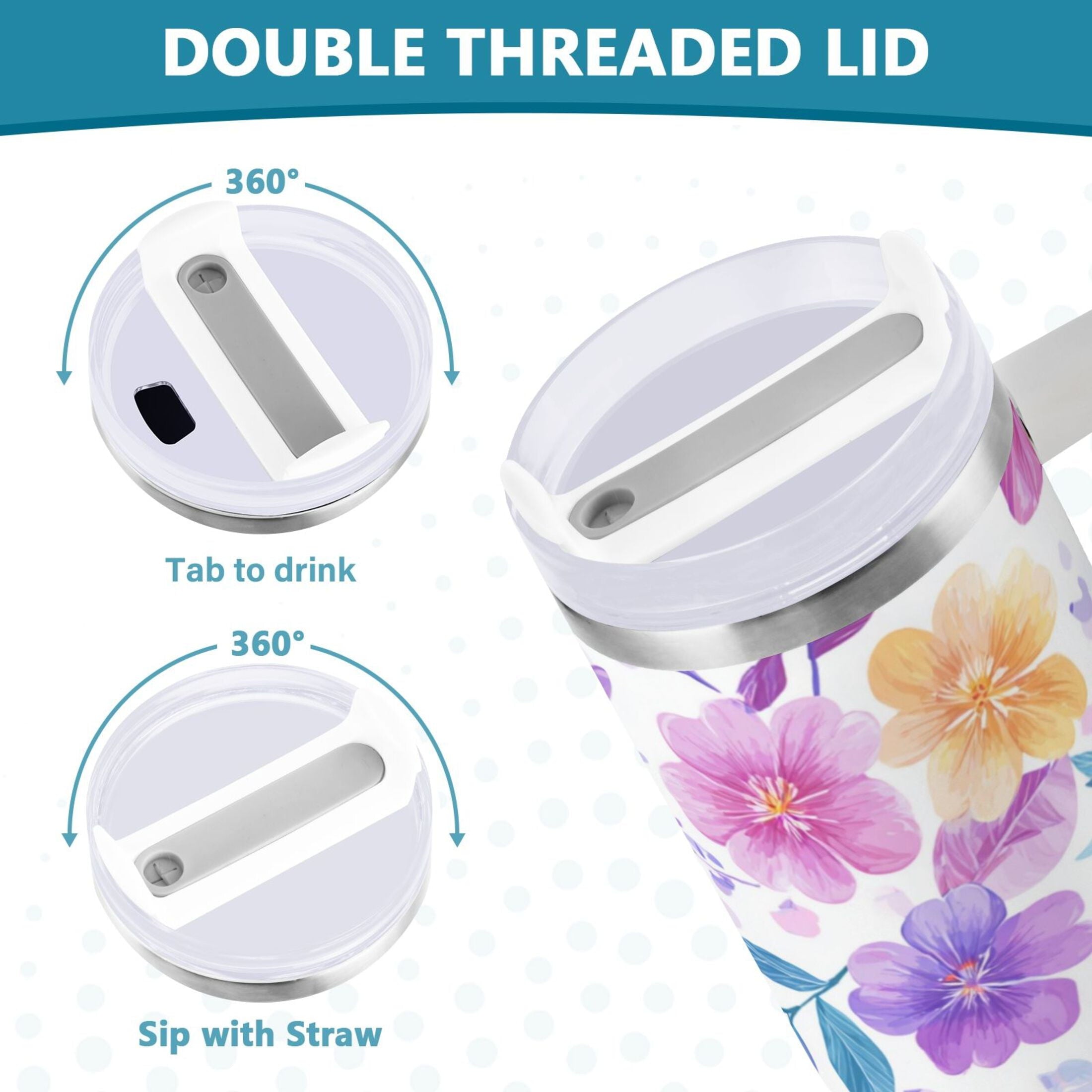 30 oz Insulated Stainless Steel Tumbler Double Wall Stainless Steel Tumbler with 2-Way Drinking Pink and Purple Flowers - YRCC