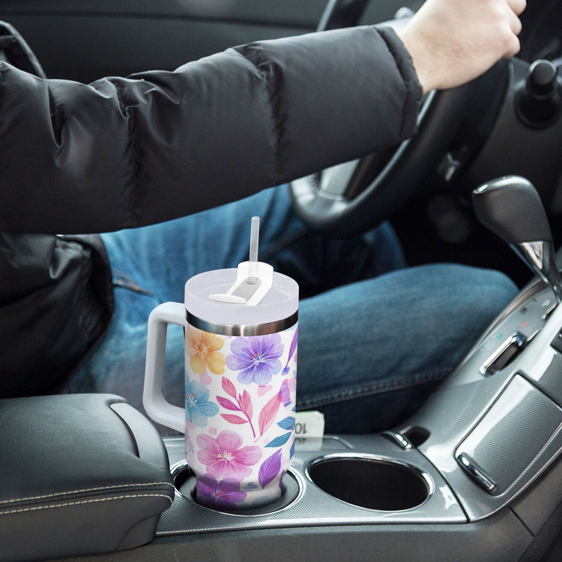 30 oz Insulated Stainless Steel Tumbler Double Wall Stainless Steel Tumbler with 2-Way Drinking Pink and Purple Flowers - YRCC