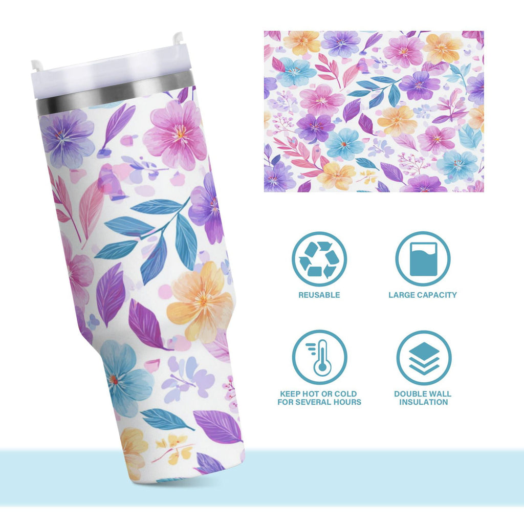 30 oz Insulated Stainless Steel Tumbler Double Wall Stainless Steel Tumbler with 2-Way Drinking Pink and Purple Flowers - YRCC
