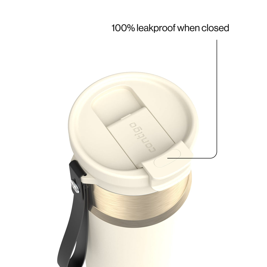 Contigo DualSip Leakproof Stainless Steel Reusable Water Bottle Tumbler with Carrying Strap, Cream/Champagne, 24 oz - O6YL