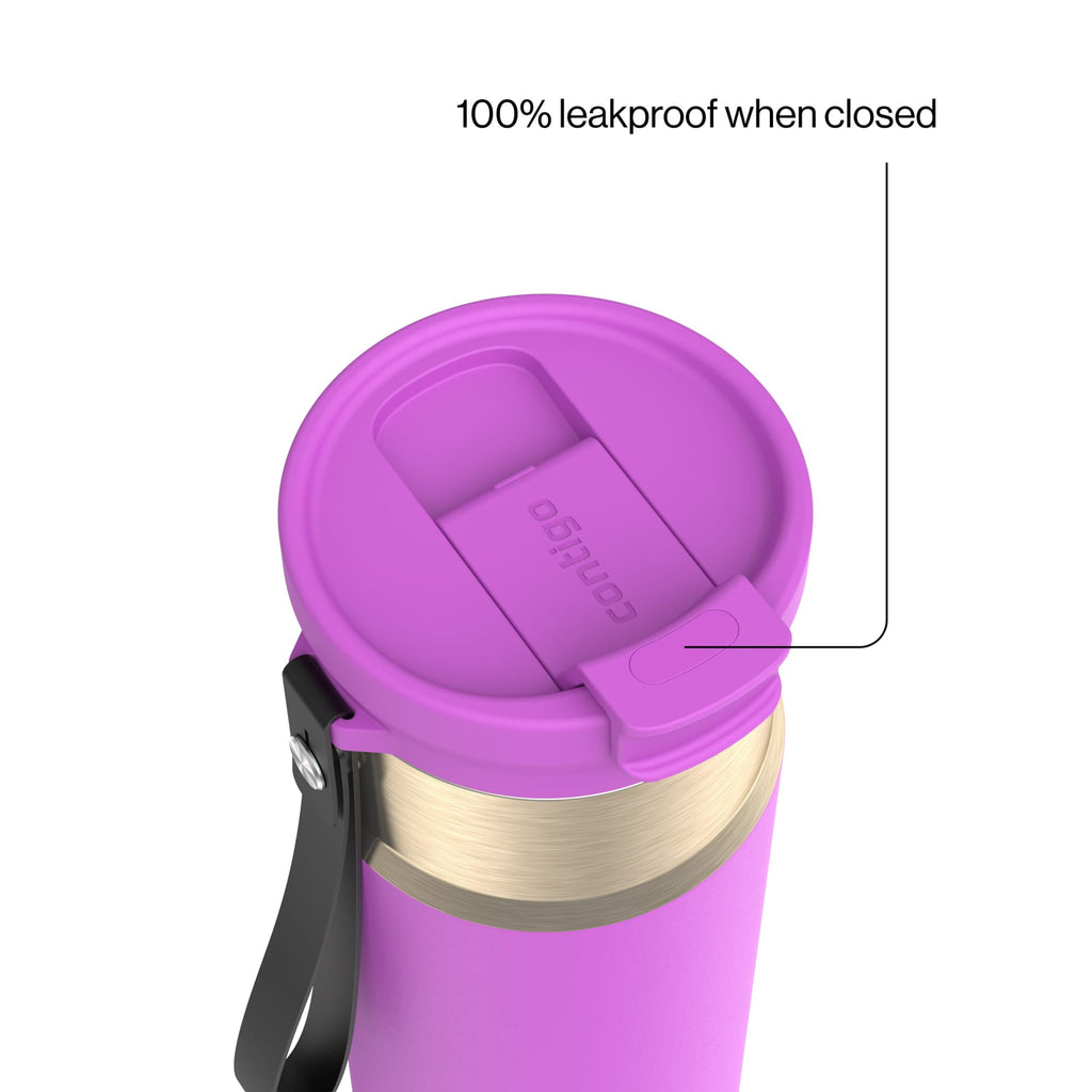 Contigo DualSip Leakproof Stainless Steel Reusable Water Bottle Tumbler with Carrying Strap, Cream/Champagne, 24 oz - O6YL