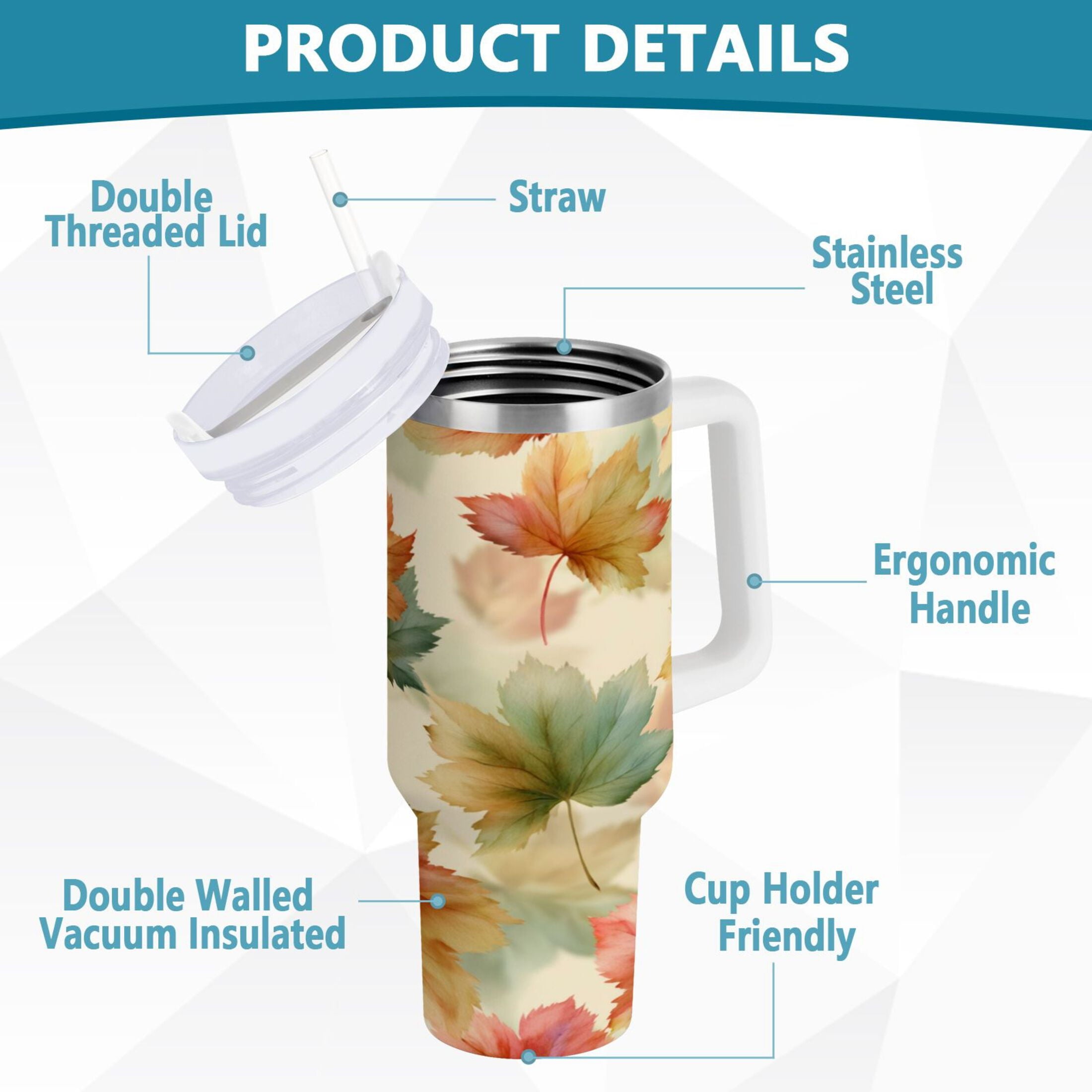 40 oz Insulated Stainless Steel Tumbler Double Wall Stainless Steel Tumbler with 2-Way Drinking Watercolor Maple Leaves Pattern - 9E9C
