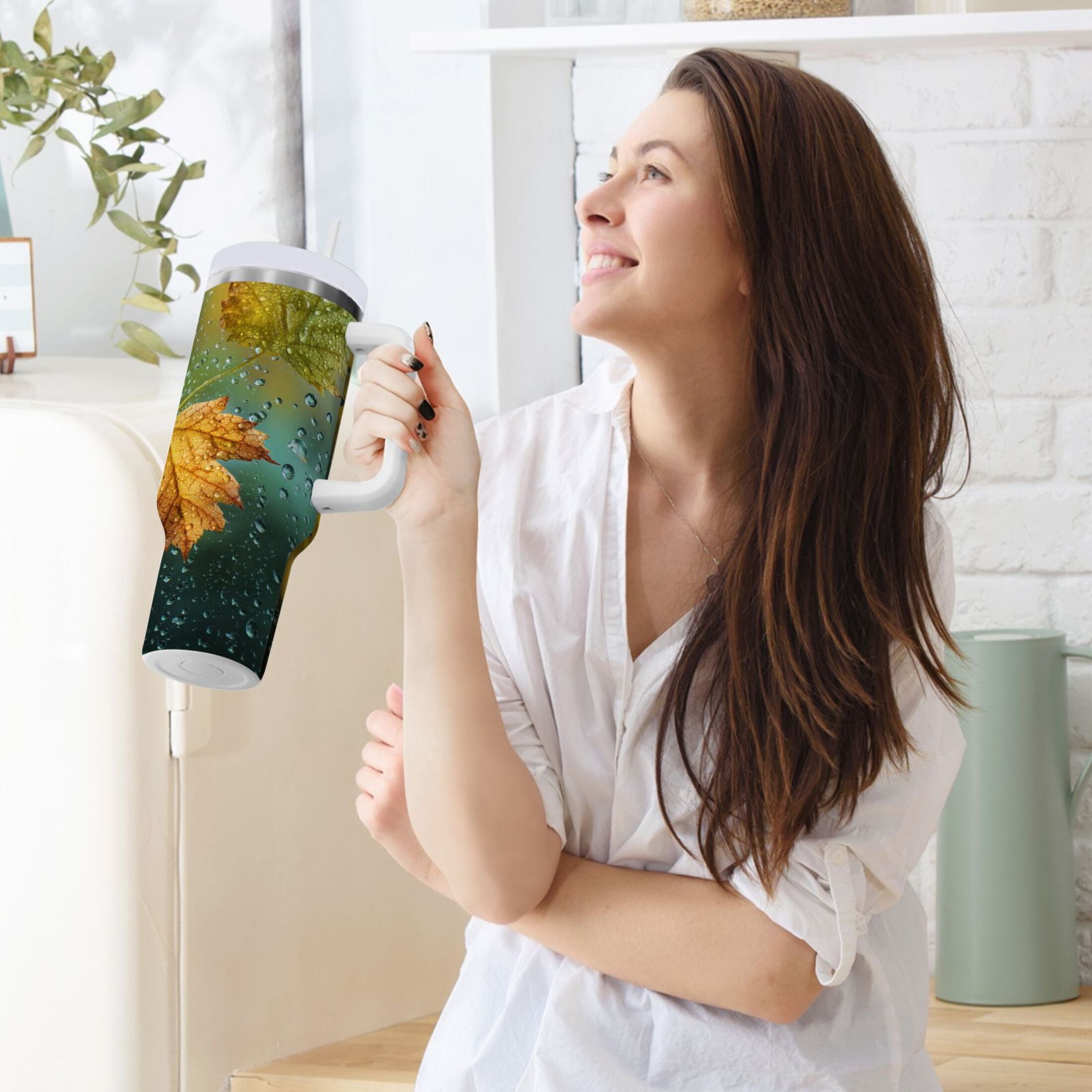 30 oz Insulated Stainless Steel Tumbler Double Wall Stainless Steel Tumbler with 2-Way Drinking Leaves with Water Droplets - 7056