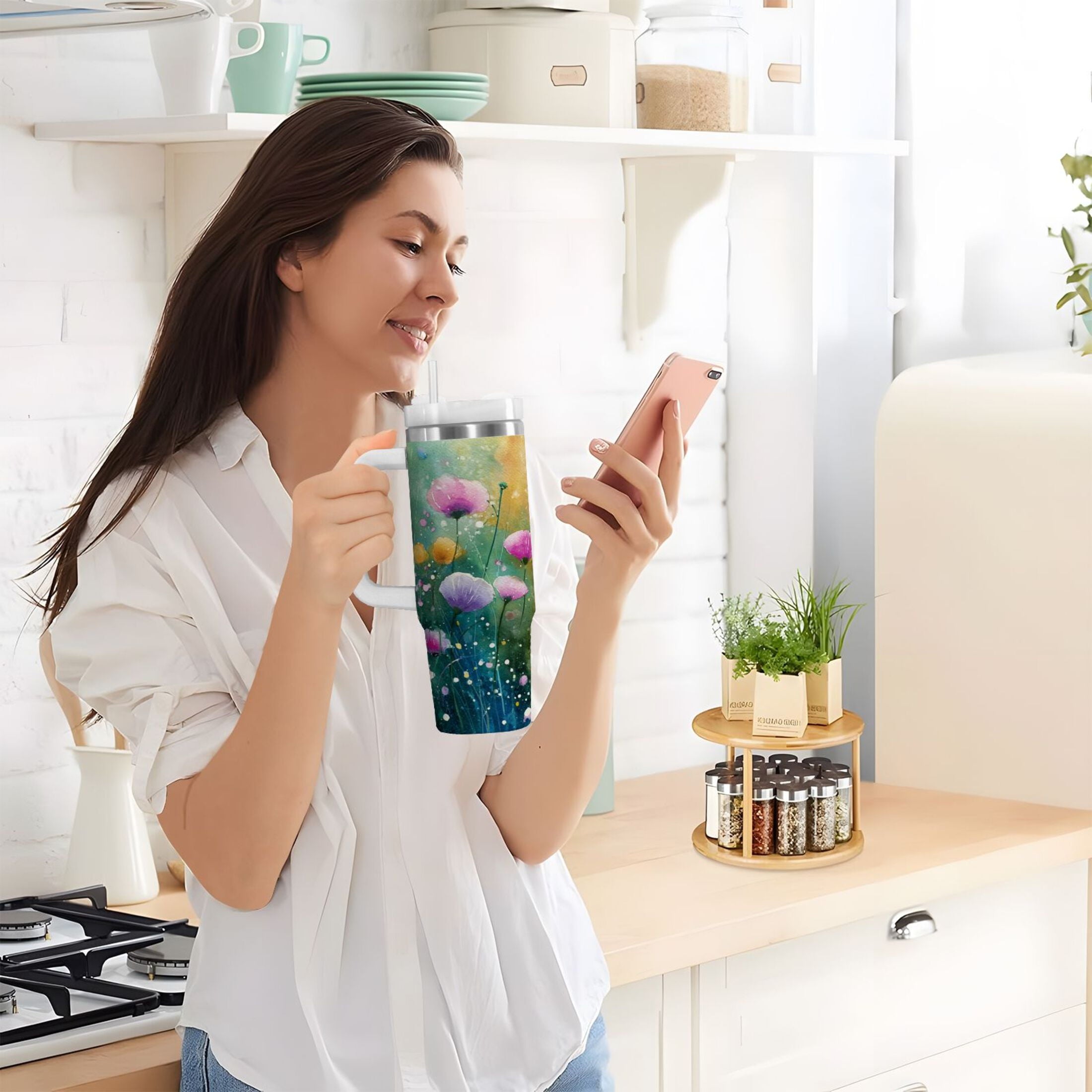 30 oz Insulated Stainless Steel Tumbler Double Wall Stainless Steel Tumbler with 2-Way Drinking Watercolor Wildflowers - 5Y1D