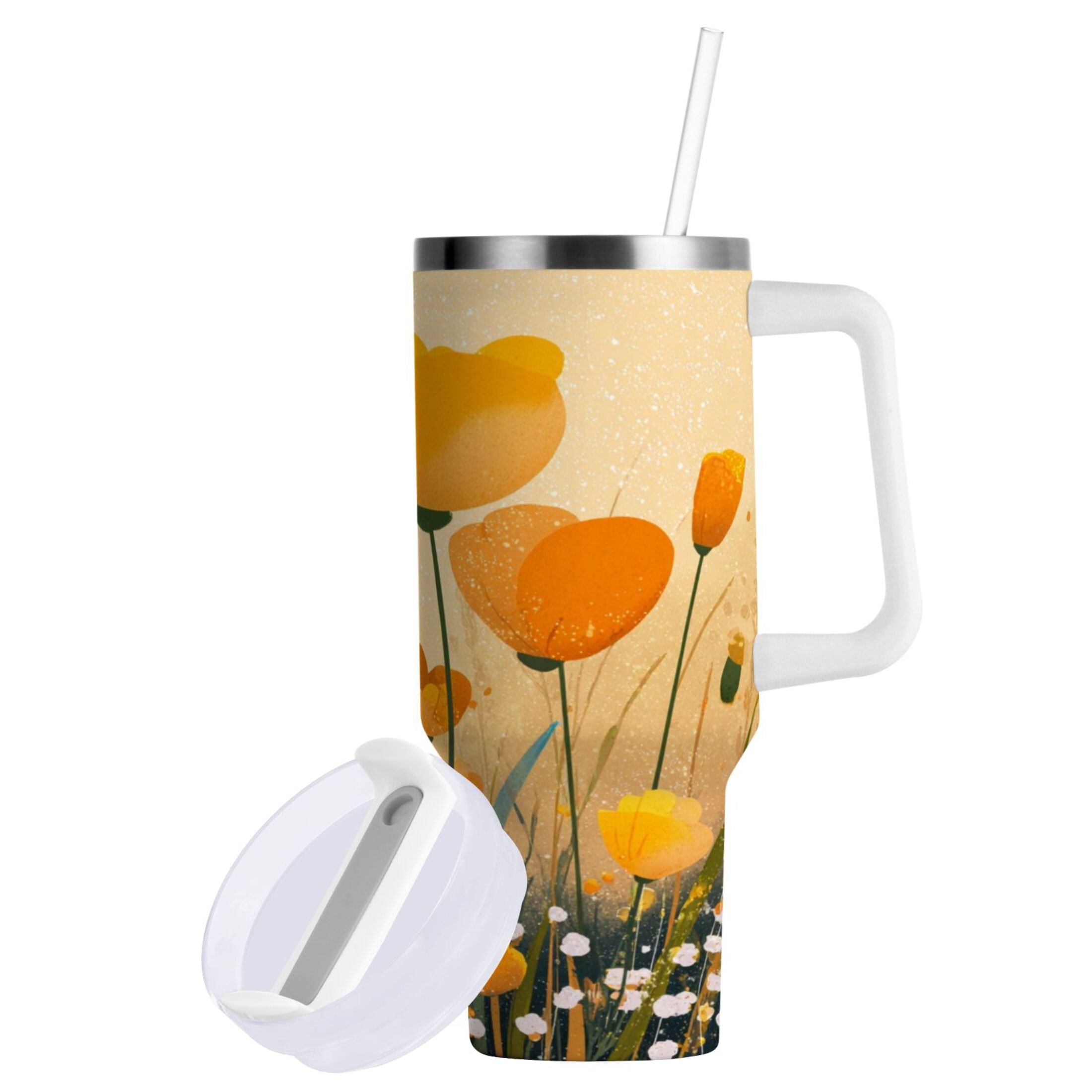 30 oz Insulated Stainless Steel Tumbler Double Wall Stainless Steel Tumbler with 2-Way Drinking Yellow Flowers on The Grass - B2XW